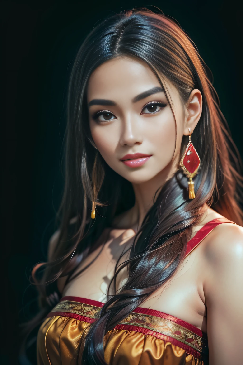 araffe woman with long brown hair wearing a dress and earrings, cindy avelino, ruan jia beautiful!, 30 years old, cute seductive smile, portrait of modern darna, painting, pastel, illustration, 2 8 years old, with a seductive smile, joy ang, hi-res scan, hi - res scan, official photos, 2 3 years old, jaw-dropping beauty, accurate hands and fingers., ((photorealistic:1.5 )), (photorealism:1.5 ), (8k, raw photo, highest quality, masterpiece), high detail raw color photo professional photo, realistic, (highest quality), (best shadow), ultrahigh resolution, photo, masterpiece, realistic, realism, high contrast, 8k hd high definition detailed realistic, detailed, hyperdetailed, best quality, f lens, rich colors, dramatic lighting, (cinestill 800)