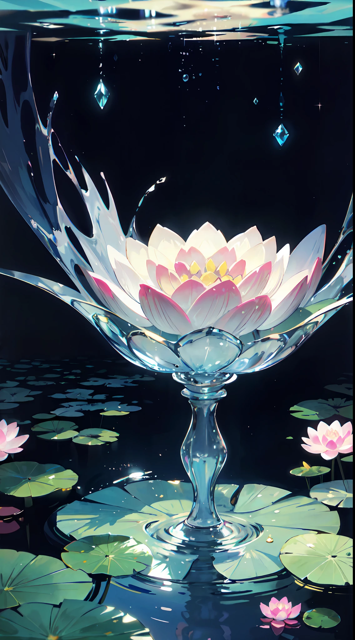 (((masterpiece))), ((best quality)), detailed, professional lighting, (((Ultra Detailed))),absurdres,(((incredibly absurdres))),under the sea,(no humans),crystal piano,water lily flower, lily pad, lotus