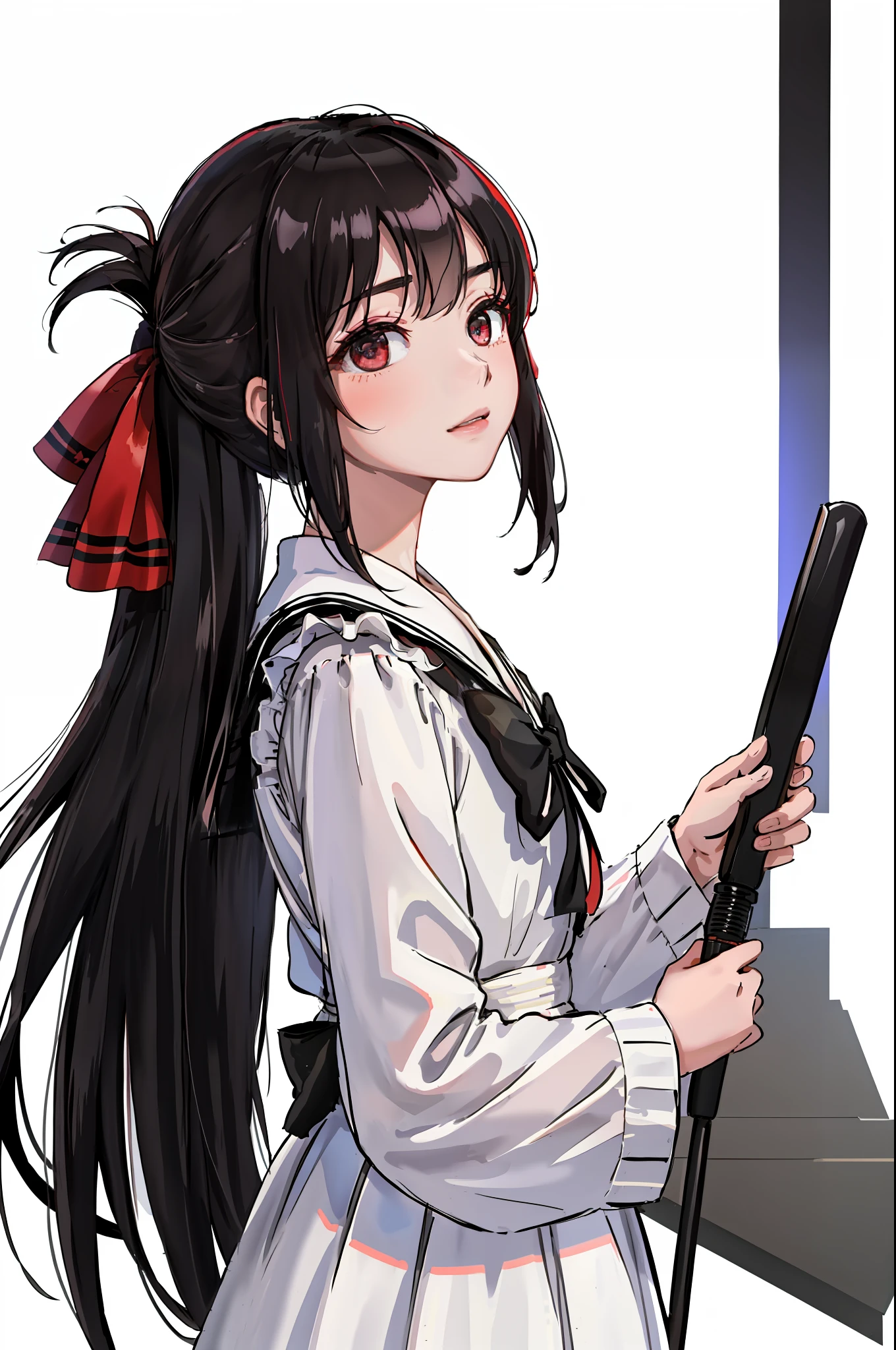 top-quality、high-level image quality、​masterpiece、ultra-detailliert、独奏、girl with、White background、Delicate Eyes、shuuchiin_academy_uniform、Shinomiya_Kaguya、reddish_bow ribbon、A black_The hair、Break_poneyTail、hair_bow ribbon、deep red eyes、bangss、A black_doress、Eyebrows transparent、side locks、Prime amount