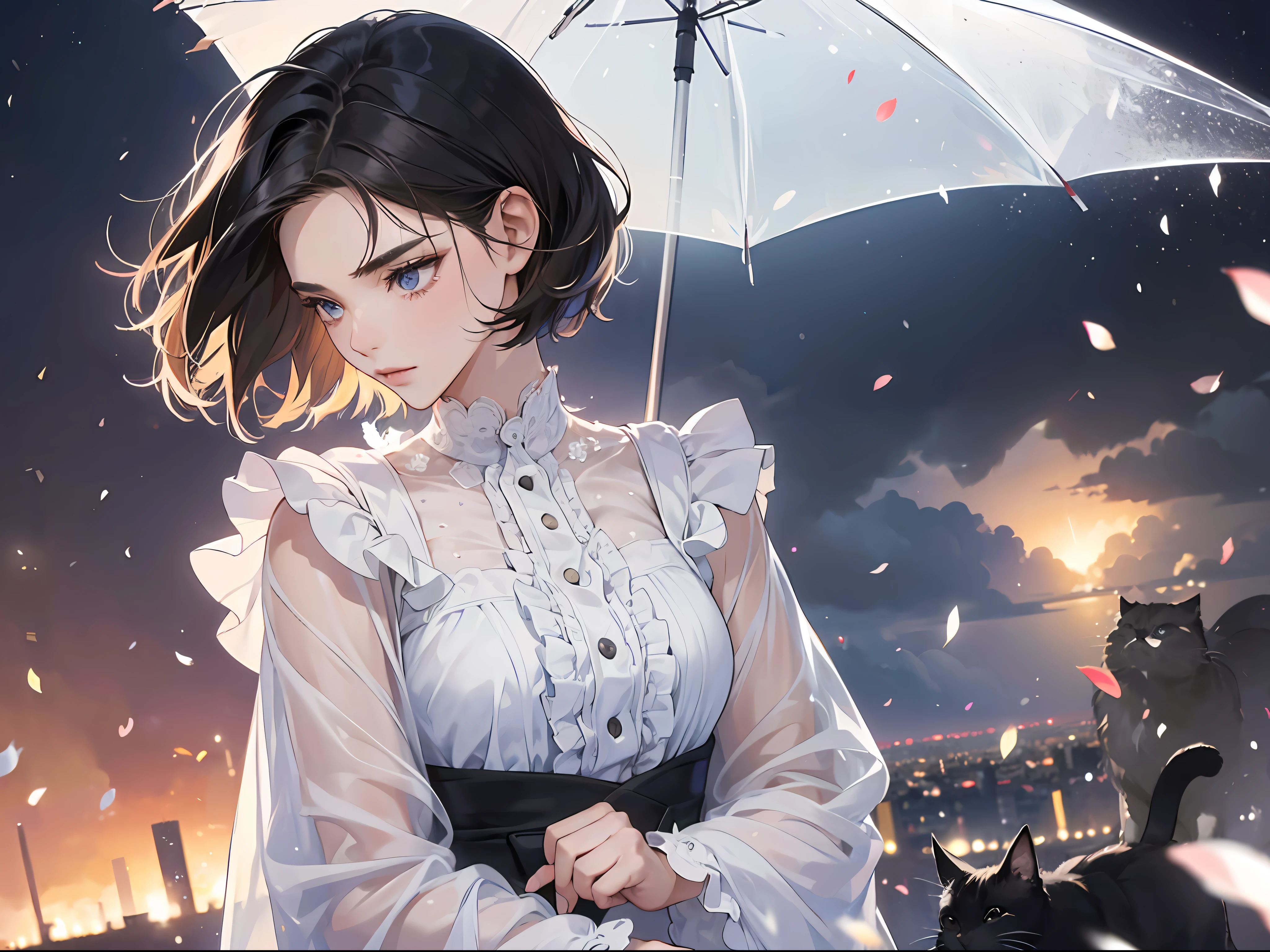 (whaite hair:1.5),(short detailed hair:1.4),(Cats:1.2),(Beautuful Women:1.3),weeping,gentleness,big breasts beautiful,Pure white petals,Accentuate the silhouette of a beautiful woman,Dark rainstorm,raincoat,The background is a bokehed night view of the city,The lens height rises,Close up close-knit shooting,Dynamic,Slow shutter speed, complex light and reflections。 --auto