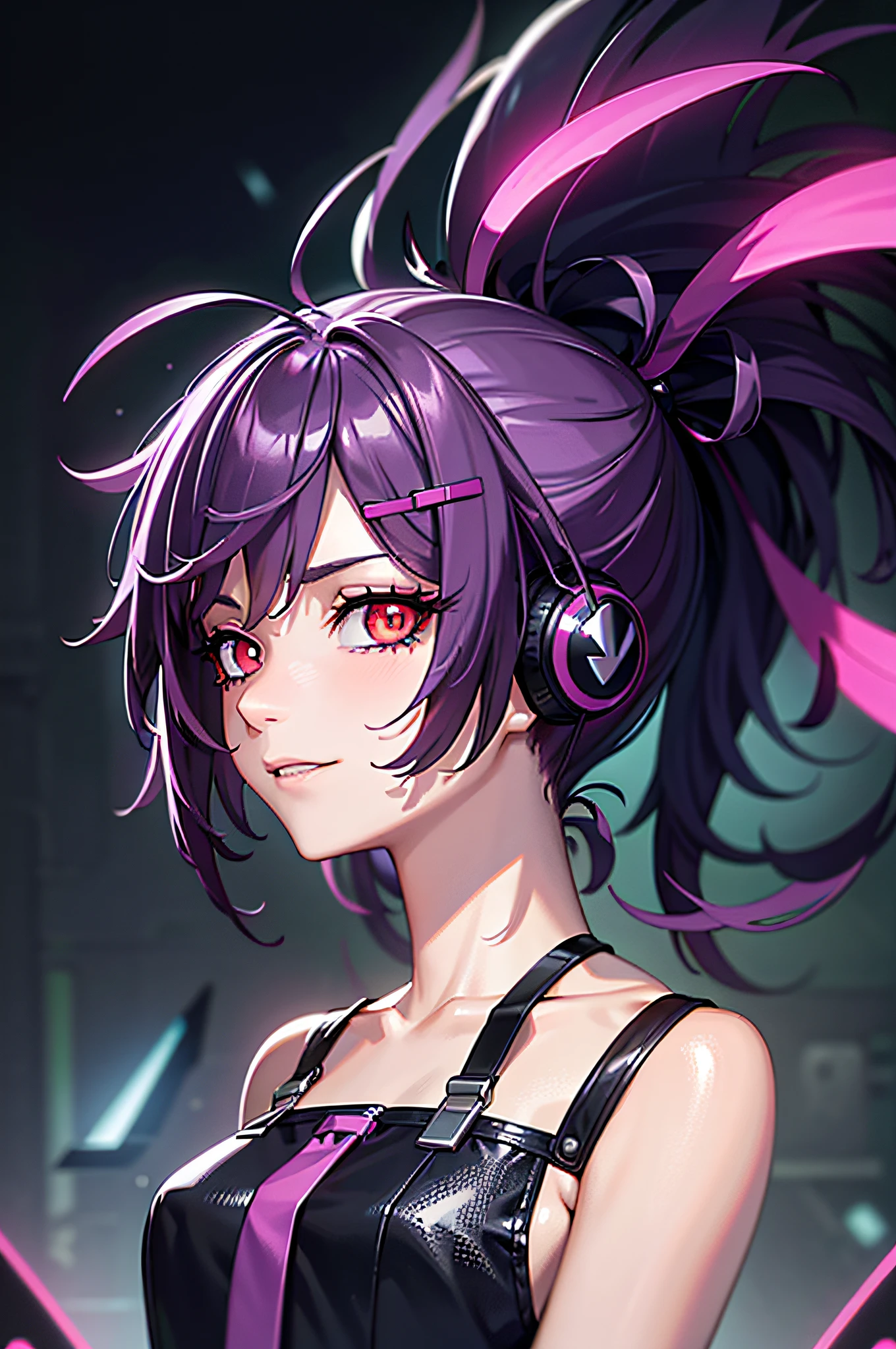 A very detailed portrait of a single girl standing on a street corner,Torrential rain and cloudy skies in a thunderstorm,Neon and cyberpunk background,She wears a punk outfit with silver chains and silver spikes,Hairpins pinned to wild hair with butterfly wings,Wear headphones and tie,Petite and delicate red eyes,The pupils are distinct,Ominous aura,ssmile,punk,cyber punk perssonage,Contre-Jour