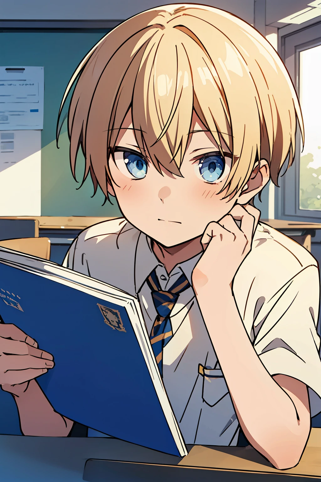 (high-quality, breathtaking),(expressive eyes, perfect face), 1boy, male, solo, short, young boy, blonde hair, blue eyes, school uniform, in class, studying