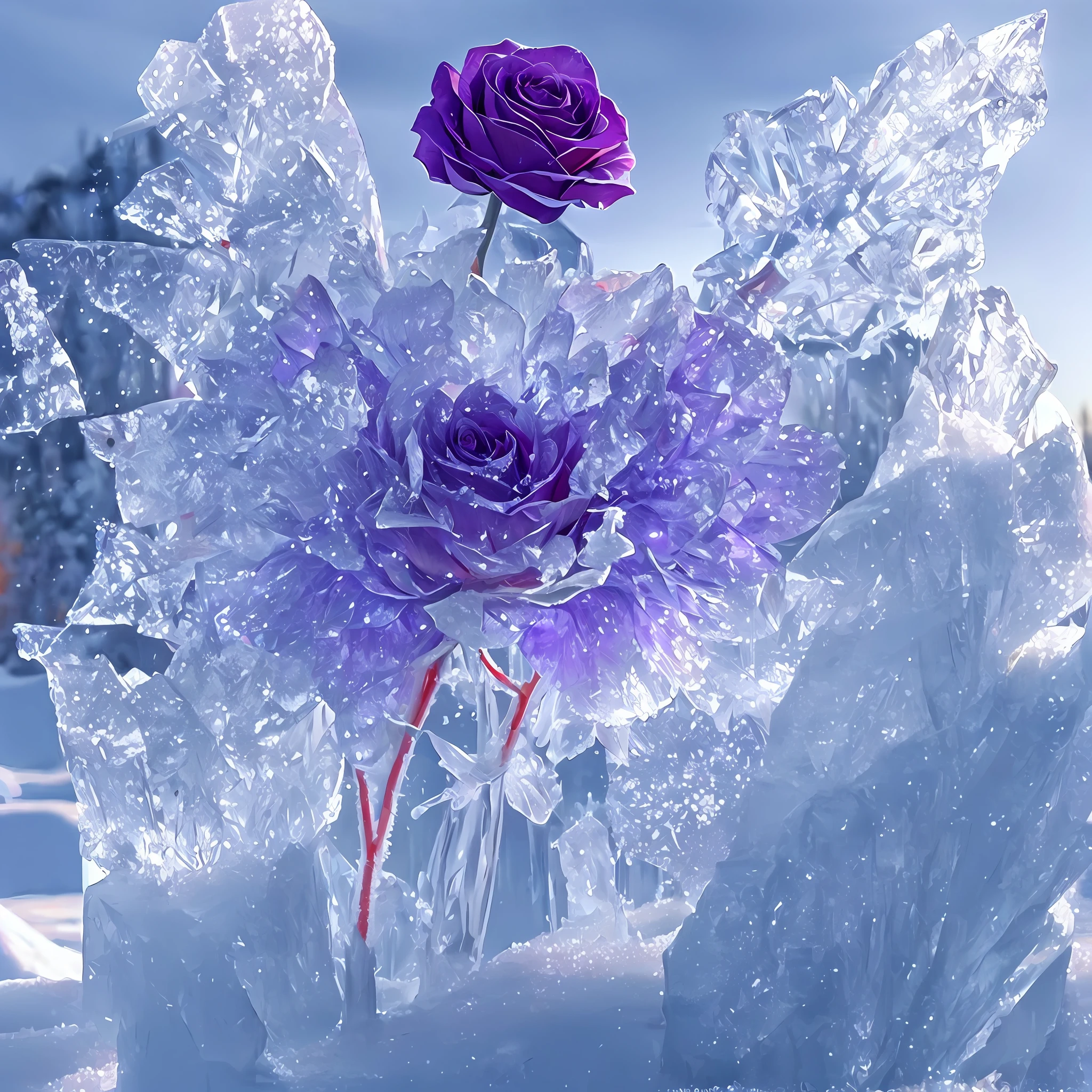 There is 1 purple rose in a piece of ice on the snow，crystal-clear，beautiful flowers and crystals, translucent roses ornate, with frozen flowers around her, ice - carving, icy, Crystal sunflower, Cold but beautiful, everything is made out of ice, Made of ice, Beautiful nature, marc adamus, ice - carving, Frozen statue, Snow and ice