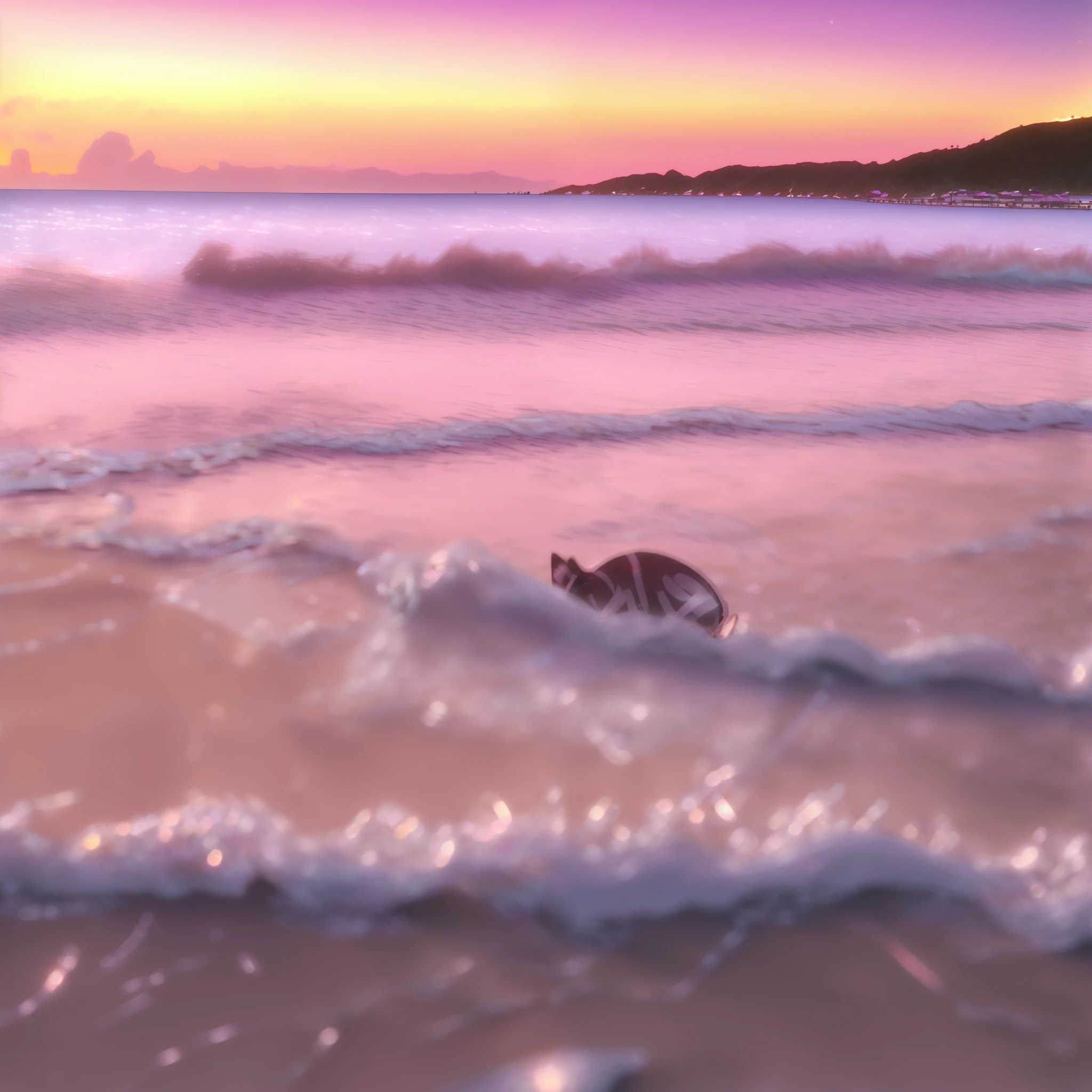 (The light is real,Ultra-realistic 8K detail,Cute baby girl),(sparkle in eyes,colored eyelashes,Sweet pink eyes,Easy smile,Natural talk),(refracted light,Transparent 2D, Pink beach,Cat ears on transparent skirt, Pink sky sandy beach),Little girl lying on the beach