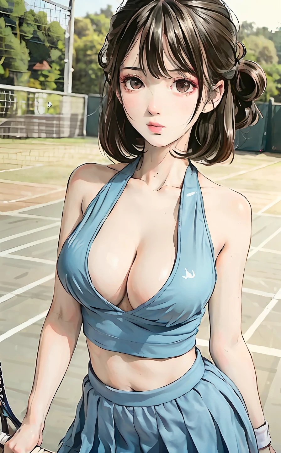 Dynamic,Dynamic,Side face,short detailed hair,Short hair,Lori huge breasts cleavage,cleavage,The expression of kissing,is shy,Seduce a man's narrow small waist, tennis cosplay,(tennis court:1.3)tennis cosplay,(pleated super short skirt:1.4),(upper legs:1.3),(Extreme heat:1.5),Background bokeh,From top to bottom,cleavage,(Detailed eyes), Best quality at best, ultra - detailed, tmasterpiece, (Detailed face),