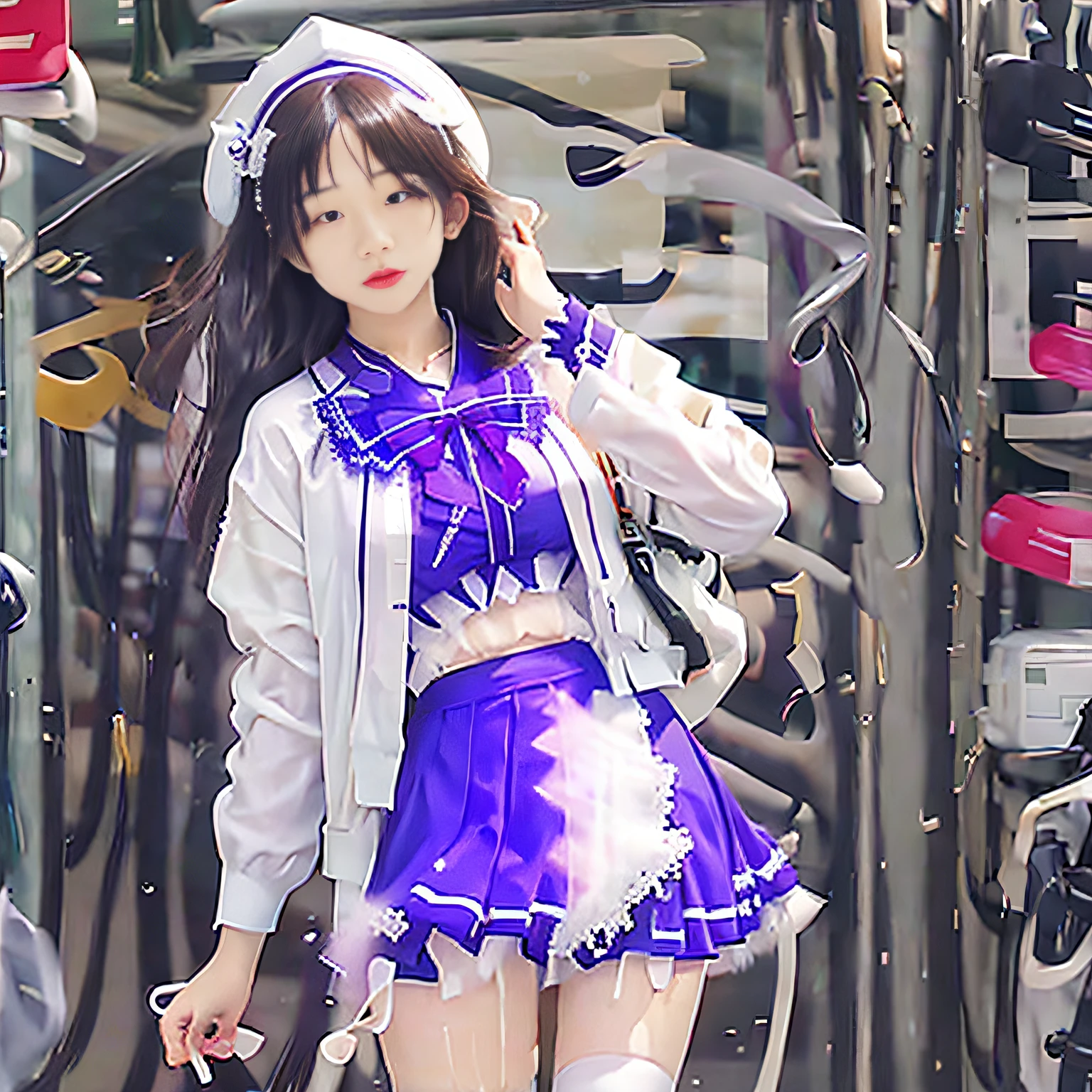 JK girl purple short skirt white stockings high school high school white skin lace decoration with yogurt body yogurt wet clothes transparent clothes super realistic on face