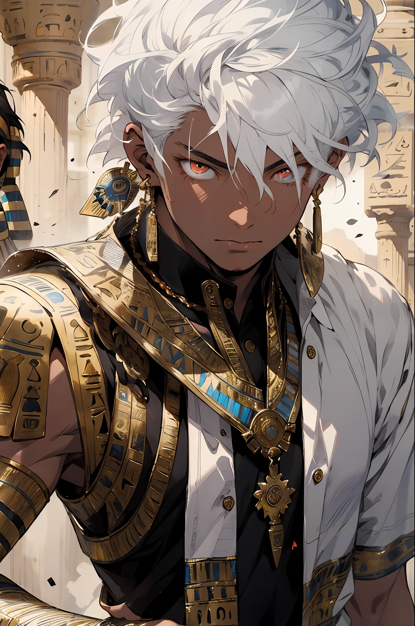 Realistic, (masterpiece, top quality, best quality, official art,), very detailed, most detailed, (1boy:1.3), gods, white hair, (glowing red eyes), mysterious, (magic), handsome men, ((Egyptian style)), headdresses, gold ornaments, bandages, pharaohs