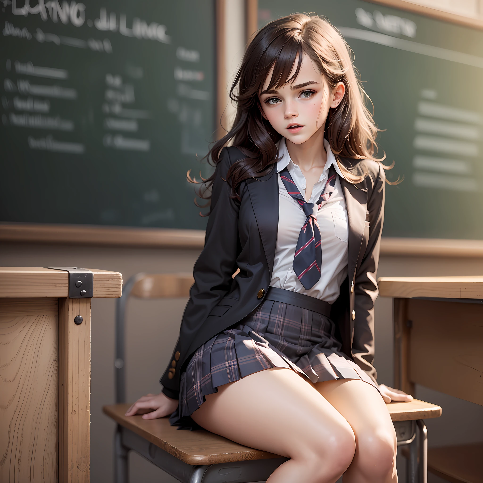 teen emma watson as a sexy schoolgirl sitting on a fence. tight intricate school uniform. slender body. classroom. day. background blackboard. pleated skirt. legs open.