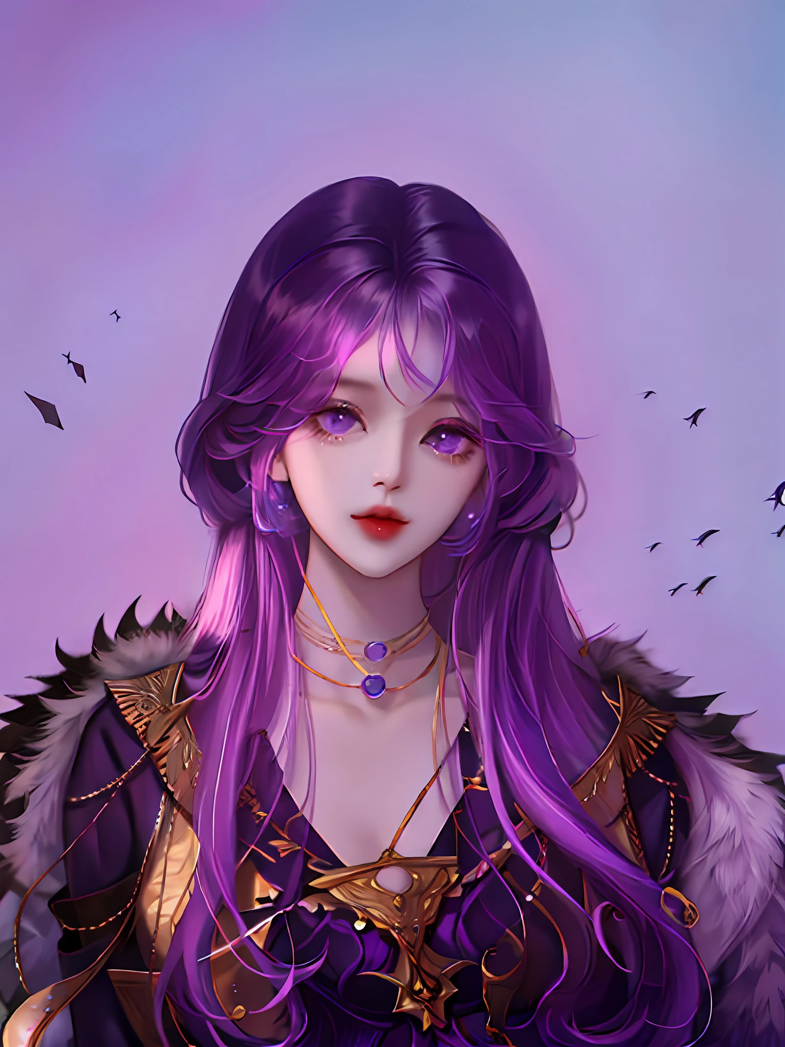 1girl,shiny skin,fashi-girl,mature female, purple dress,wavy hair,fur coat,upper body, purple hair,graceful and comely, purple eyes, narrow waist, wide hips