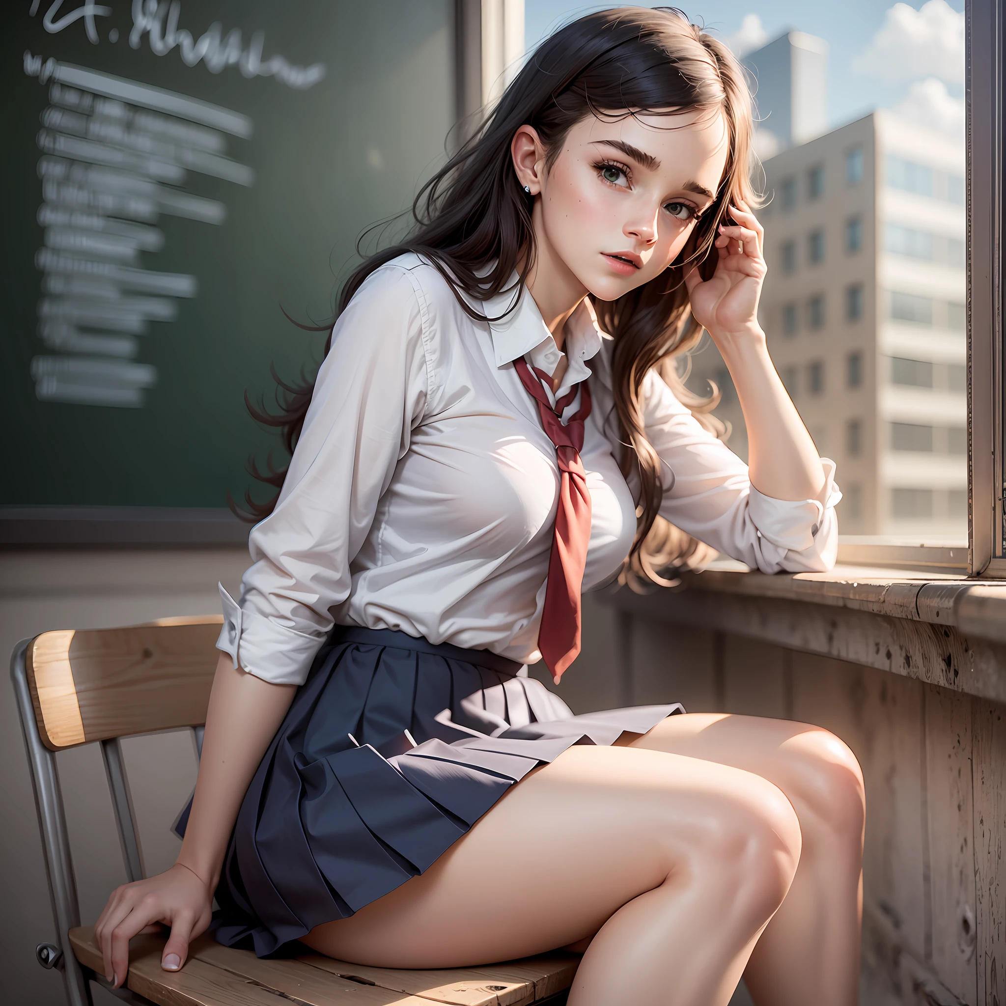 teen emma watson as a sexy schoolgirl sitting on a fence. tight intricate school uniform. slender body. classroom. day. background blackboard. pleated skirt. legs open.