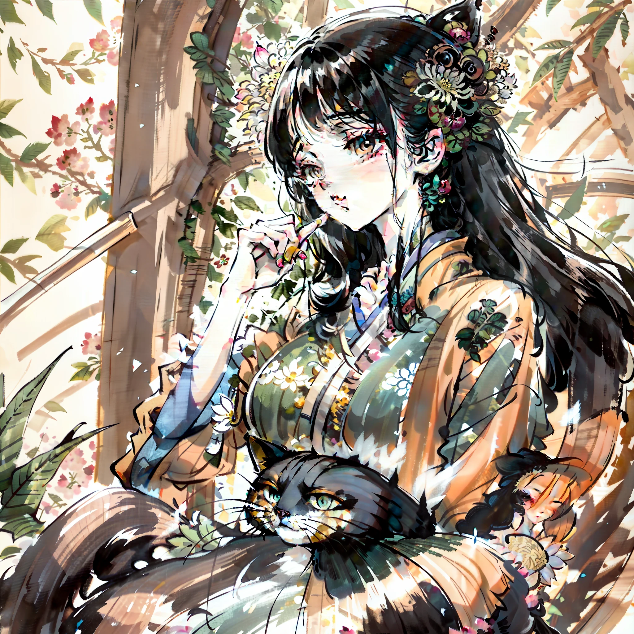 Long black hair,of a guy,fresh flowers,full bodyesbian,Look up,Black eyes,two hand,Take the book,low head,in the afternoon,rays of sunshine,The cat is sleeping,sitted,looking at book,Masterpiece,Excellent,Ultra-high image quality,Extremely beautiful,bamboo huts,bamboos,Ancient wind,Hanfu,chrysanthemums,Peonies,16k,