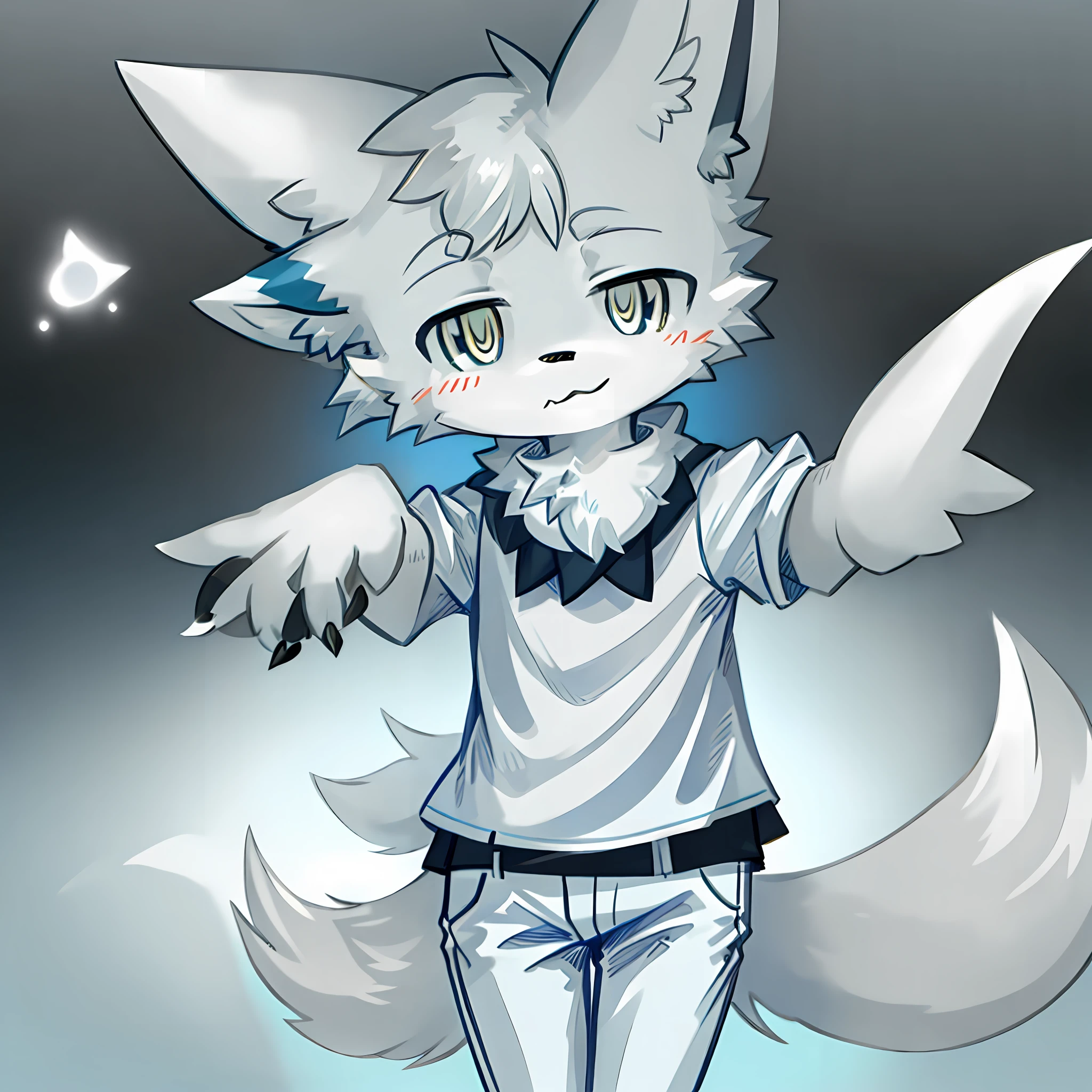 独奏,furry,Male Arctic fox,Gray fur,Blue gradient ears,gold eyes,sharp talons,Fluffy tail,White color blouse,short white pants,