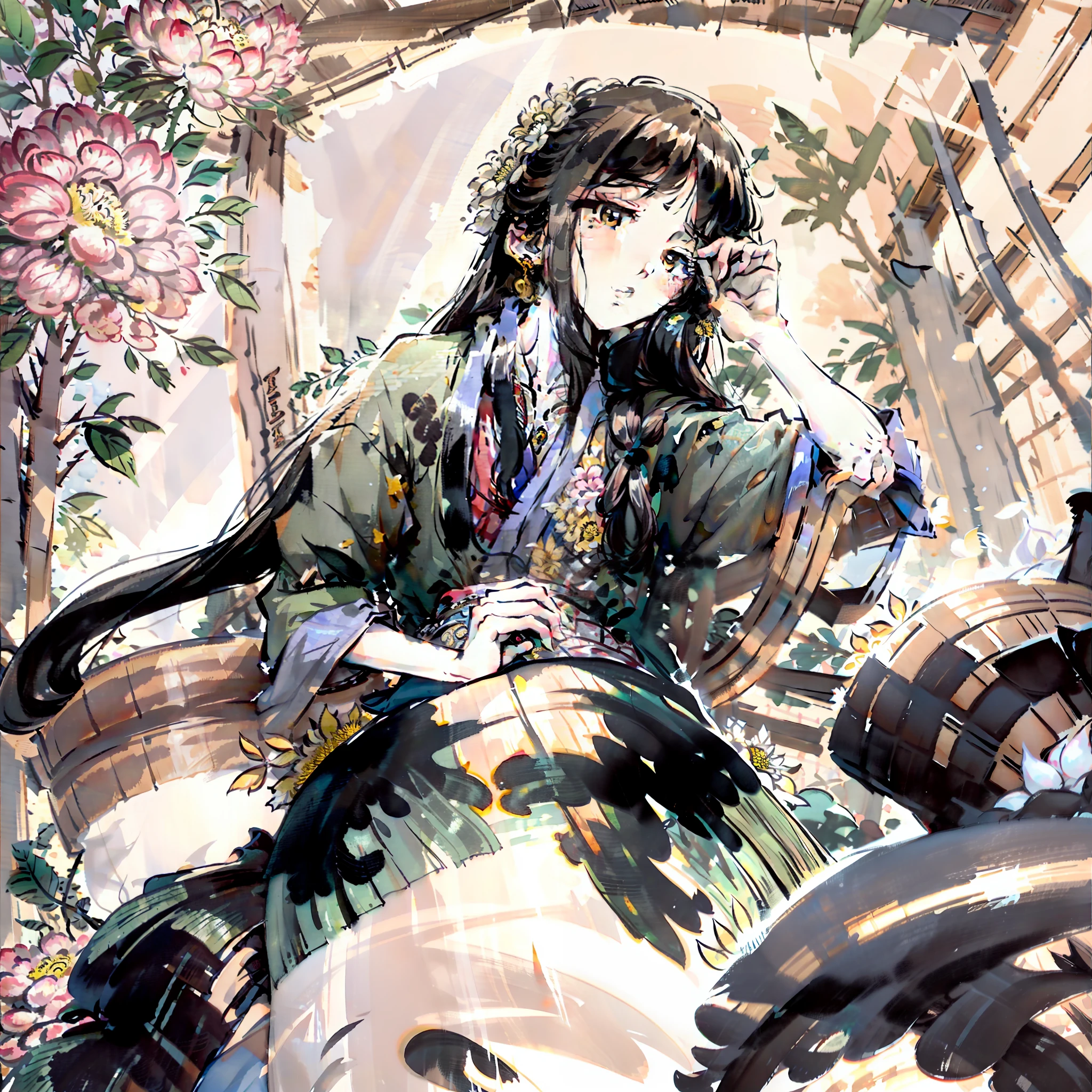 Long black hair,of a guy,fresh flowers,full bodyesbian,Look up,Black eyes,two hand,Take the book,low head,in the afternoon,rays of sunshine,The cat is sleeping,sitted,looking at book,Masterpiece,Excellent,Ultra-high image quality,Extremely beautiful,bamboo huts,bamboos,Ancient wind,Hanfu,chrysanthemums,Peonies,16k,