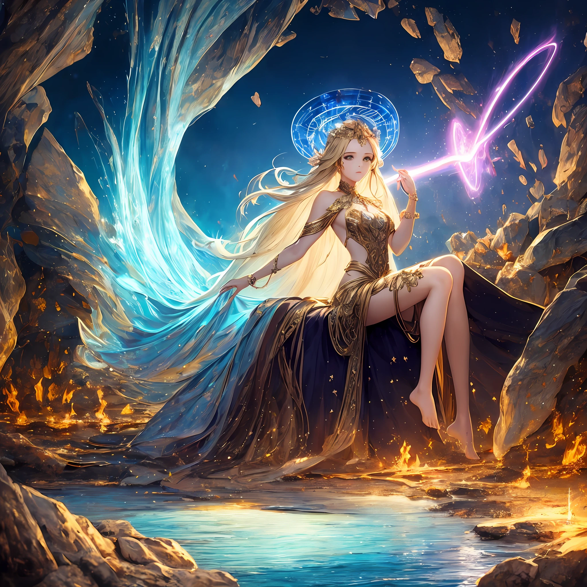((best qualtiy)), ((tmasterpiece)), ((Realistis)), portrait
1 girl, Um ser celestial, Deities, goddes, light particules, The halo, looking at viewert, The barefoot, bare arm, naked leg, exposed bare shoulders, Chest tube parietal,Gold leg ring,blond hairbl
(Bio-luminescence:0.95)the ocean, Bio-luminescence, with dynamism, Colorful, colours, (with light glowing, with light glowing),
(Beautiful composition), 电影灯光, iintricate, (对称:0.5), whimsically, --auto