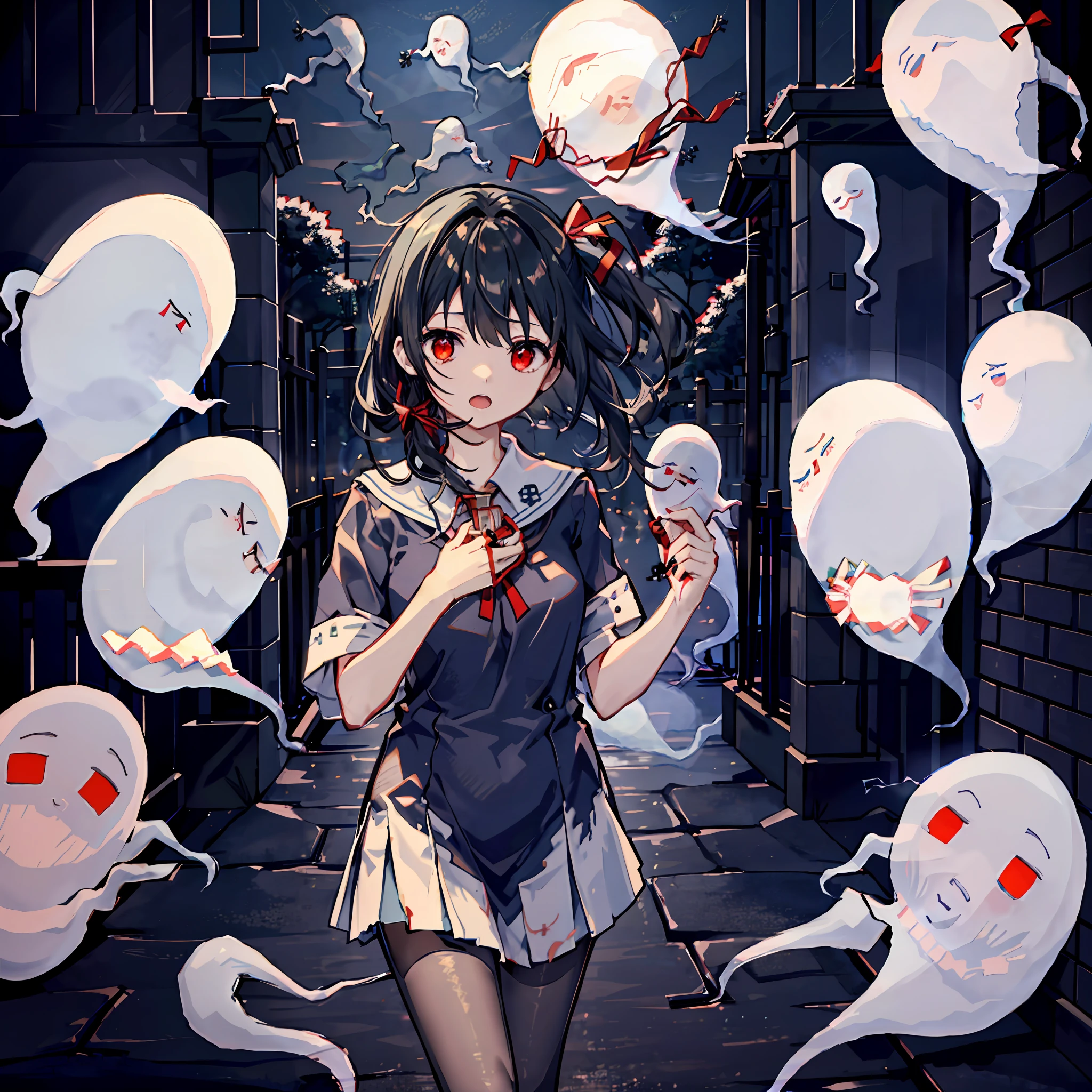 top-quality、​masterpiece、hight resolution、ighly detailed、a 1 girl、cute little、animesque、Crystal clear white skin、Functional、Whole human body、a junior high school student、14years、(Hair color is black hair)、Hospital ruins、small tits、yandere、Horror、Manju Sosai、Red Eyes、Midnight、High contrast、Long hair that extends to the floor、childish、Gamine、a black ribbon、poneyTail、(ghosts:2.2)、faint、Doya face、(Holding a ghost in your hand:1.8)、exorcist