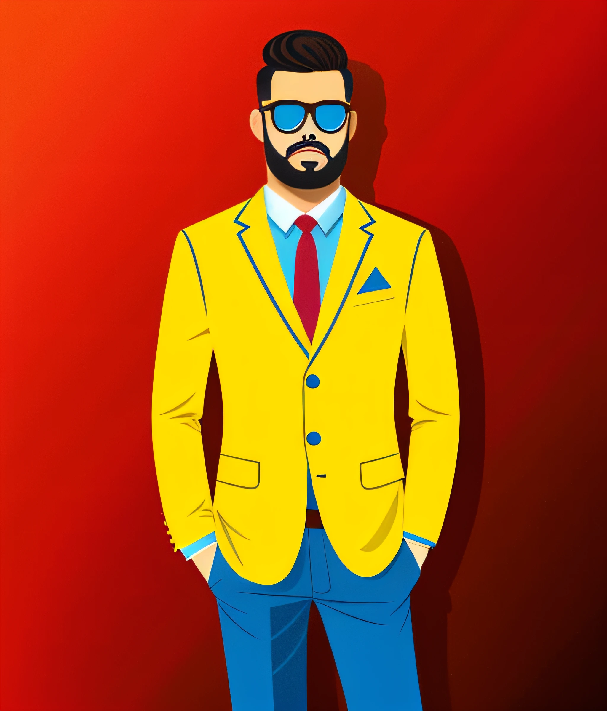 Estilo cartoon, um homem estatura media, vestido com terno, em um fundo azulado e detalhes amarelo