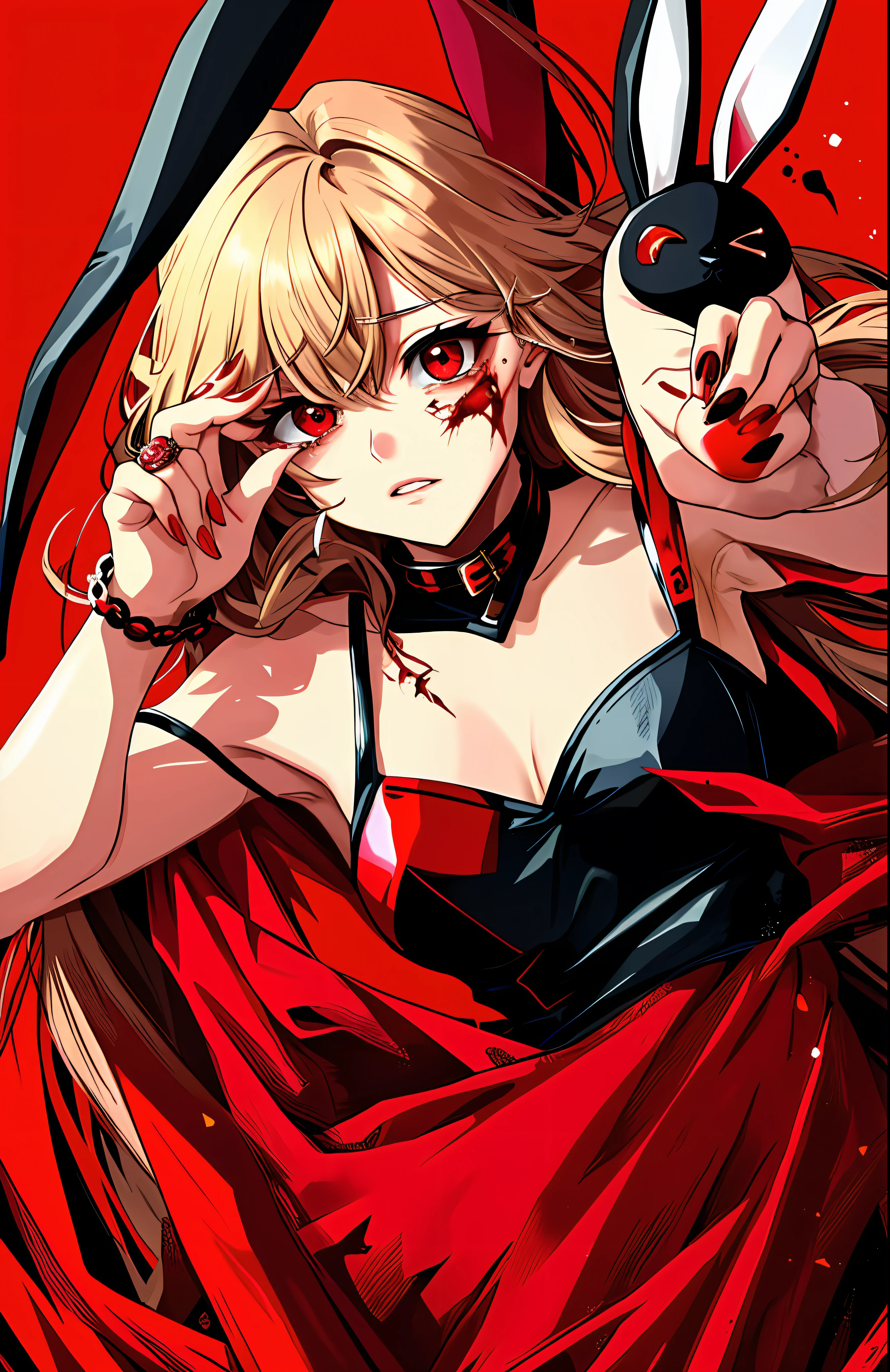 One eye was squeezed by a hand, Bleeding eyes mixed with tears, dark red eyes, The hand wears a handmade ring in the shape of a rabbit,scratched nails ,mixed black-and-red background