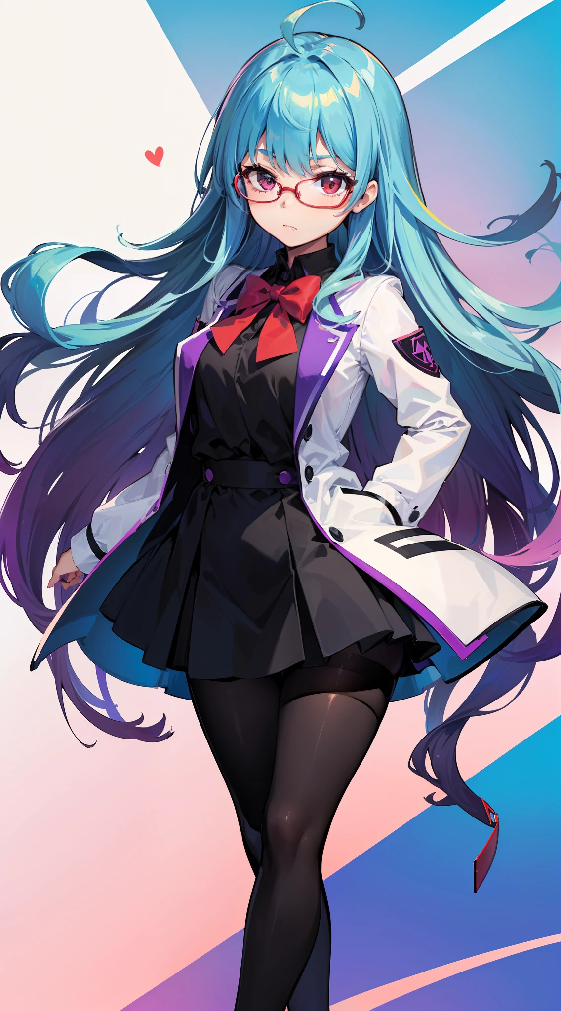 (teens girl,人物,校服,Gradient Long Hair+lightblue hair+Purple hair ends+Red Half-rimmed Glasses+Purple eye:1.2,Professional Dress,black pantyhoses, Expressions are confident and static)