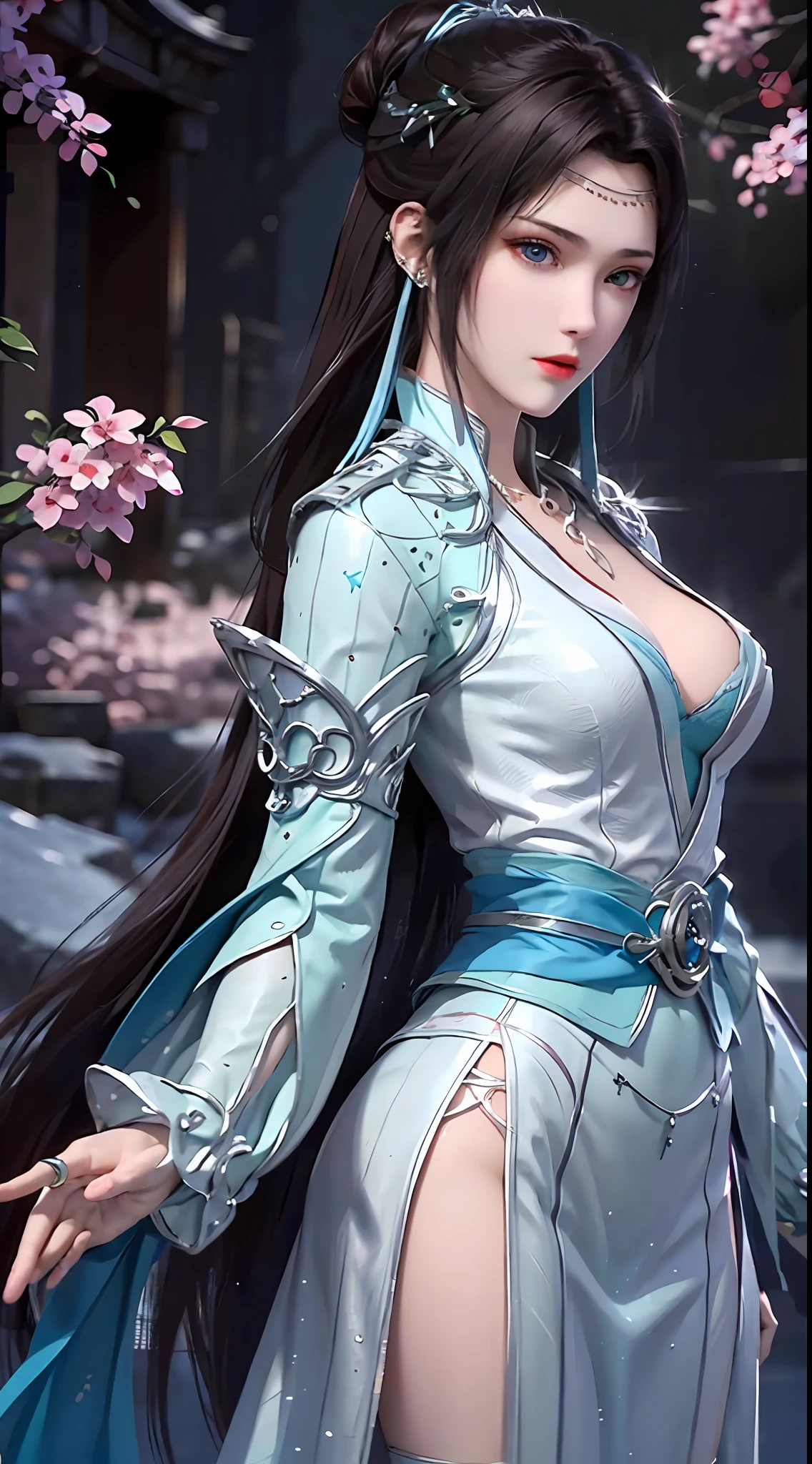 1 hot sexy beautiful girl in hanfu blue silk blouse, blue silk top with white pattern, white lace trim, long purple black ponytail, blue aura on the girl's back, hair jewelry, ear jewelry, necklace and necklace, big blue eyes meticulously made up, thin eyebrows, extremely detailed and sharp eye makeup, high nose, pretty red lips, no smile, pursed lips, rosy cheeks, enlarged breasts, large breasts, well-proportioned breasts, slim waist, blue mesh socks, wide sleeves, Chinese hanfu style, fantasy art motifs, vivid and realistic colors, RAW photo, realistic photo, ultra high quality 8k surreal photo, (great lighting effect: 1.8), 10x pixels, magic effect (background): 1.8), super detailed eyes, half girl upper body, girl portrait, girl alone, hanfu historical background,