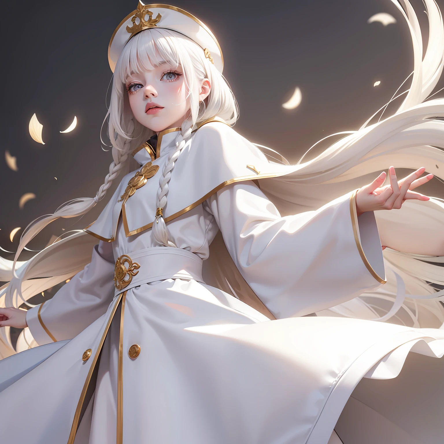 Manteau blanc,white skinned,whaite hair,long braid,Golden eyes,Look up,The upper part of the body,Need,tmasterpiece