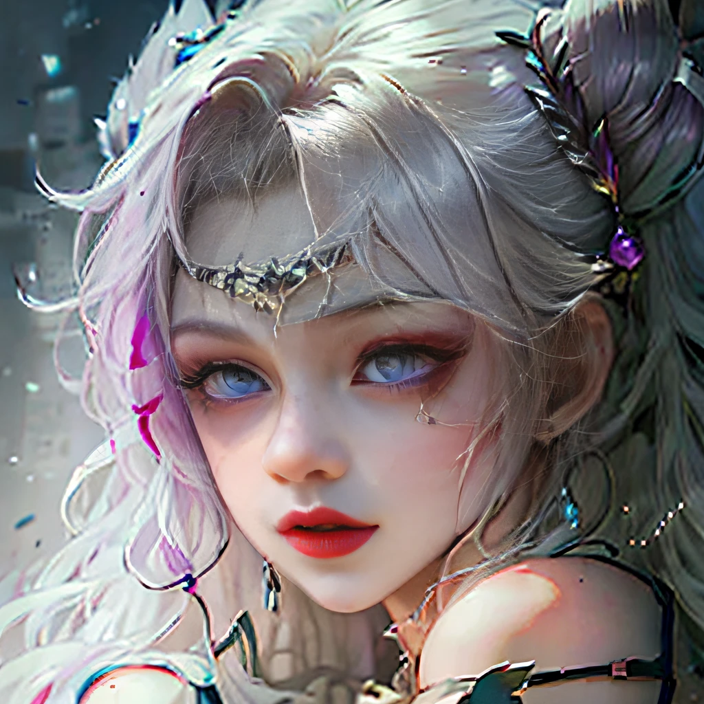 streaked hair, silver hair, asymmetrical hair, heart-shaped pupils, purple eyes, high detail, anime, anatomically correct