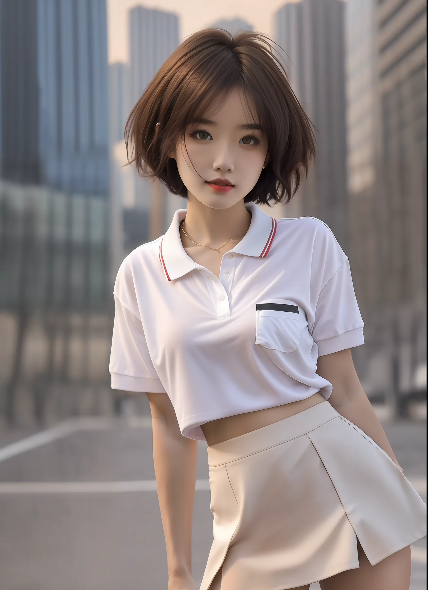 1girl, solo, white polo shirt, white sneakers, tennis wear, white mini skirt, masterpiece, best quality, realistic, super detailed, ridiculous, looking at the audience, short black hair, brown eyes, slender, dynamic light and shadow, high resolution, sharp focus, depth of field, fine eyes, sharp pupils, realistic pupils, (small chest: 1.6), (thigh thickness: 1.0), outdoor, sky