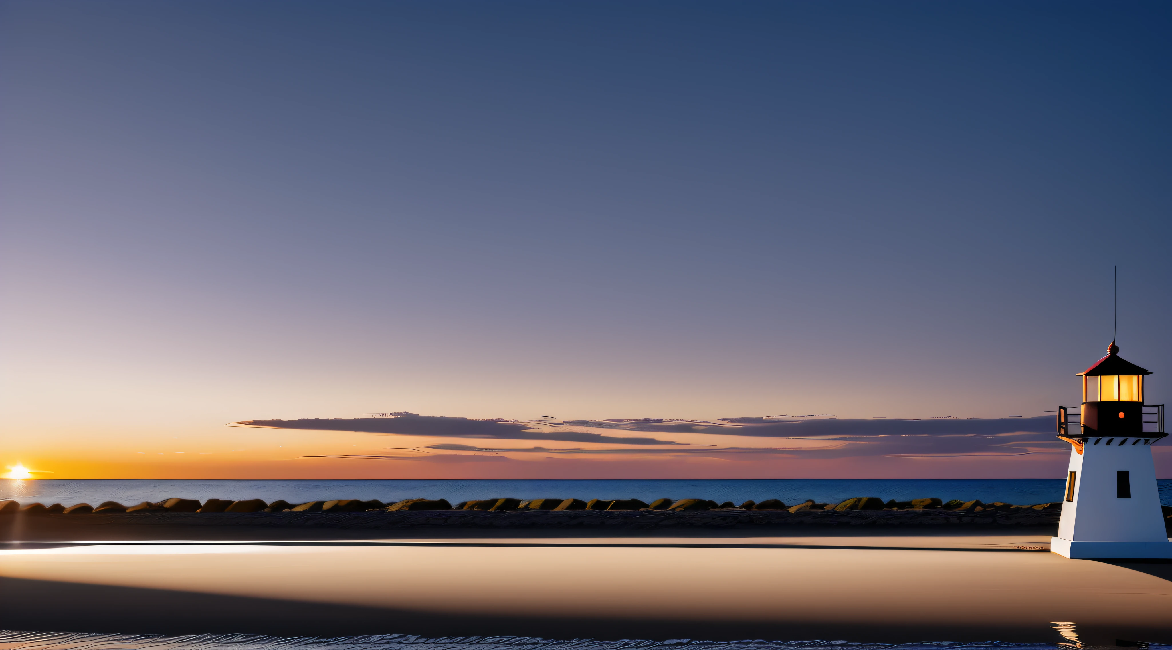 "Create a photorealistic and detail-rich image in digital art of a man enjoying the sunrise at the Itapuã Lighthouse, em Salvador, Bahia. O homem deve estar de perfil, olhando para o horizonte, com o rosto iluminado pela suave luz dourada do nascer do sol. It should exhibit characteristic features of the region, como cabelo preto ondulado, pele morena, and a serene, introspective expression. Ele deve estar vestido casualmente, de forma adequada para o clima tropical de Salvador. The scene should capture the Itapuã Lighthouse in the background, with its iconic red and white structure standing out against the rosy dawn sky. The projected details of the headlamp must be carefully rendered for image verification. The foreground of the image should include the beach of Itapuã, com suas areias brancas e altas palmeiras, proporcionando uma atmosfera tropical vibrante. It includes some seagulls flying over the beach to bring an element of movement to the scene. O oceano deve ser retratado em tons de azul e verde, com ondas suaves quebrando na costa. The reflection of the rising sun on the water should create a luminous path that leads the viewer's gaze to the horizon. Lastly, but no less important, Heaven must be a work of art in itself. Desenhe um nascer do sol espetacular, with rays of golden light piercing the pink and lilac sky, clouds and sparse ones that look like they are made of cotton candy. Por favor, Bring your own creative interpretation to the scene, adding unique touches that elevate the image beyond the initial request."