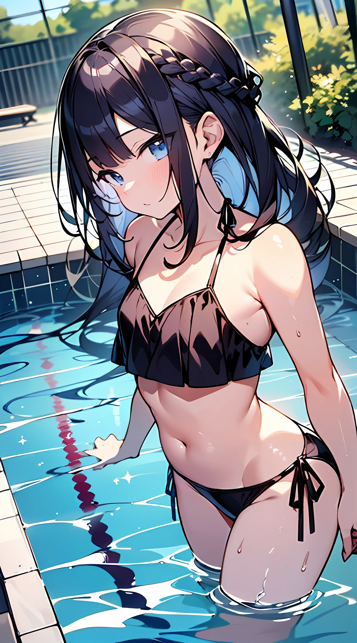 (Incredibly ridiculous absolute resolution:1.5)、Anime girl in colorful bikini, anime moe art style, Seductive Anime Girl,Anime , 8k Manga Wallpapers,((small curvy loli pretty anime girl,((swimming pools))、(The length of hair to the shoulders)、(short braided hair)、Beautiful anime girl, (Anime Girl), clean detailed anime art