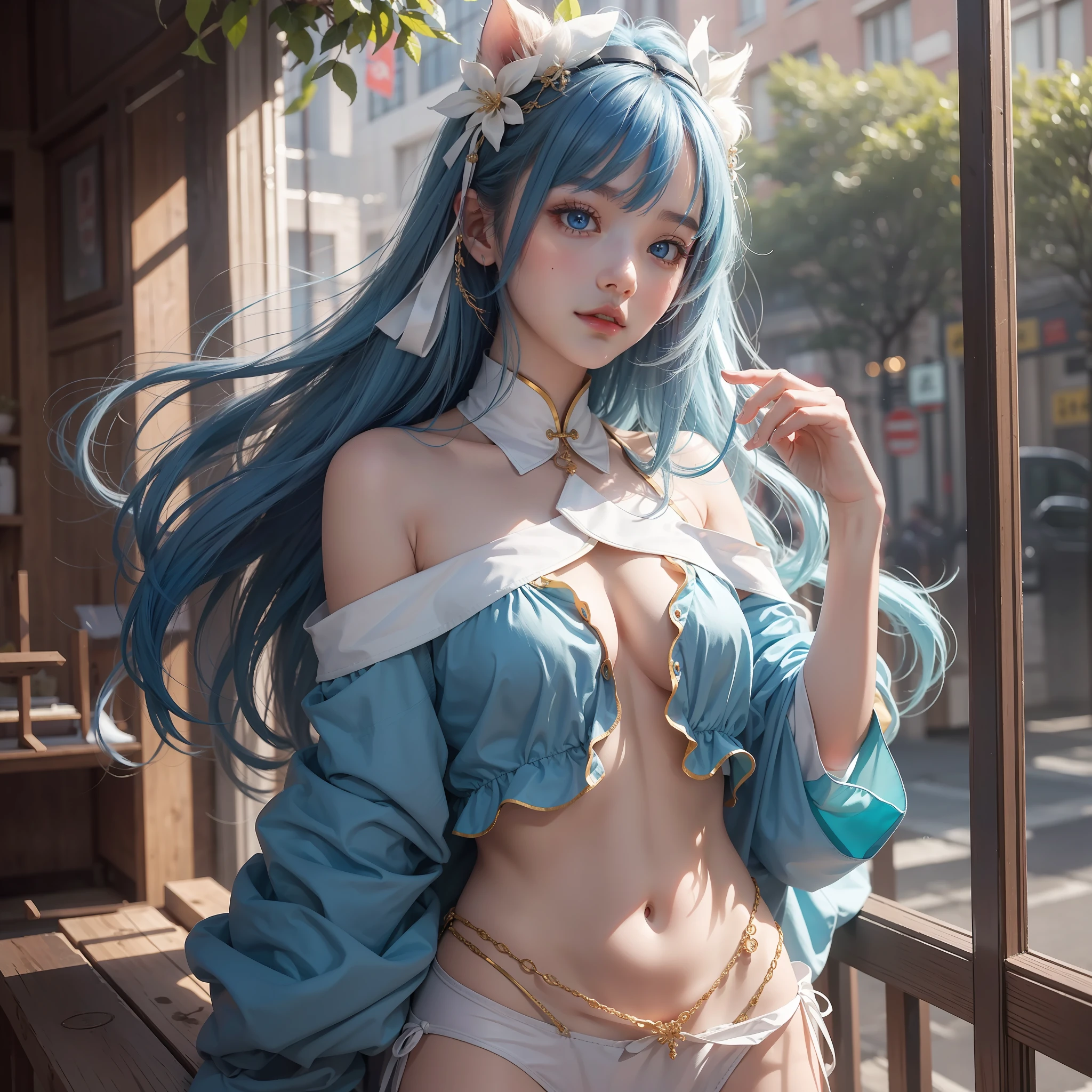 Best quality at best,超高分辨率,(真实感:1.4),1girl,tmasterpiece,exteriors,full bodyesbian,whaite hair,Manteau blanc,Long hair,blue color eyes