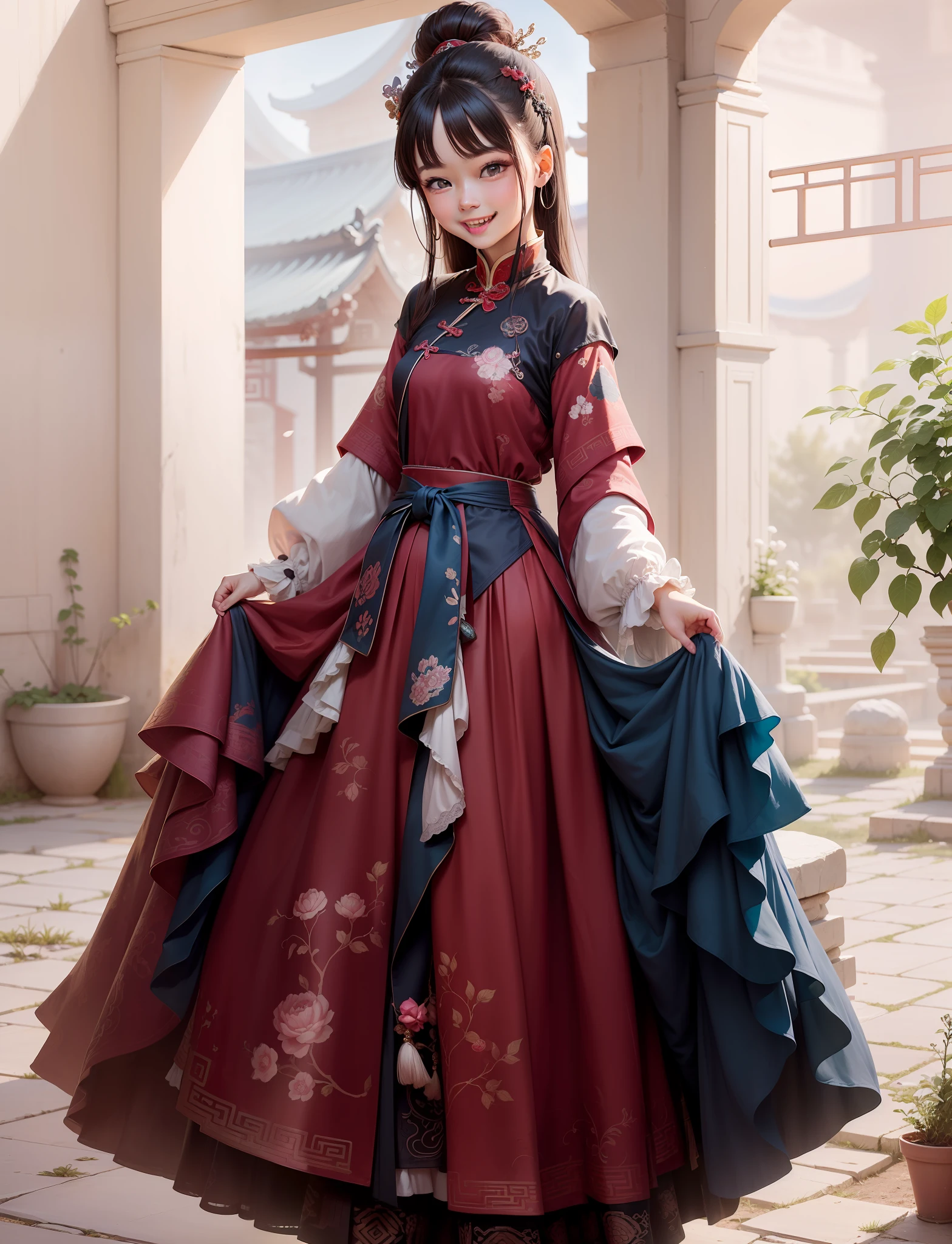 Positive, Optimistic, Cheerful and sunny, approximately 20 years old, The girl lives worry-free, Happy and comfortable，The skirt blends into the Western Regions style，But this girl was a princess of the ancient Chinese Central Plains Dynasty，The girl was smiling，The eyes narrowed slightly，Laughed out of two small dimples