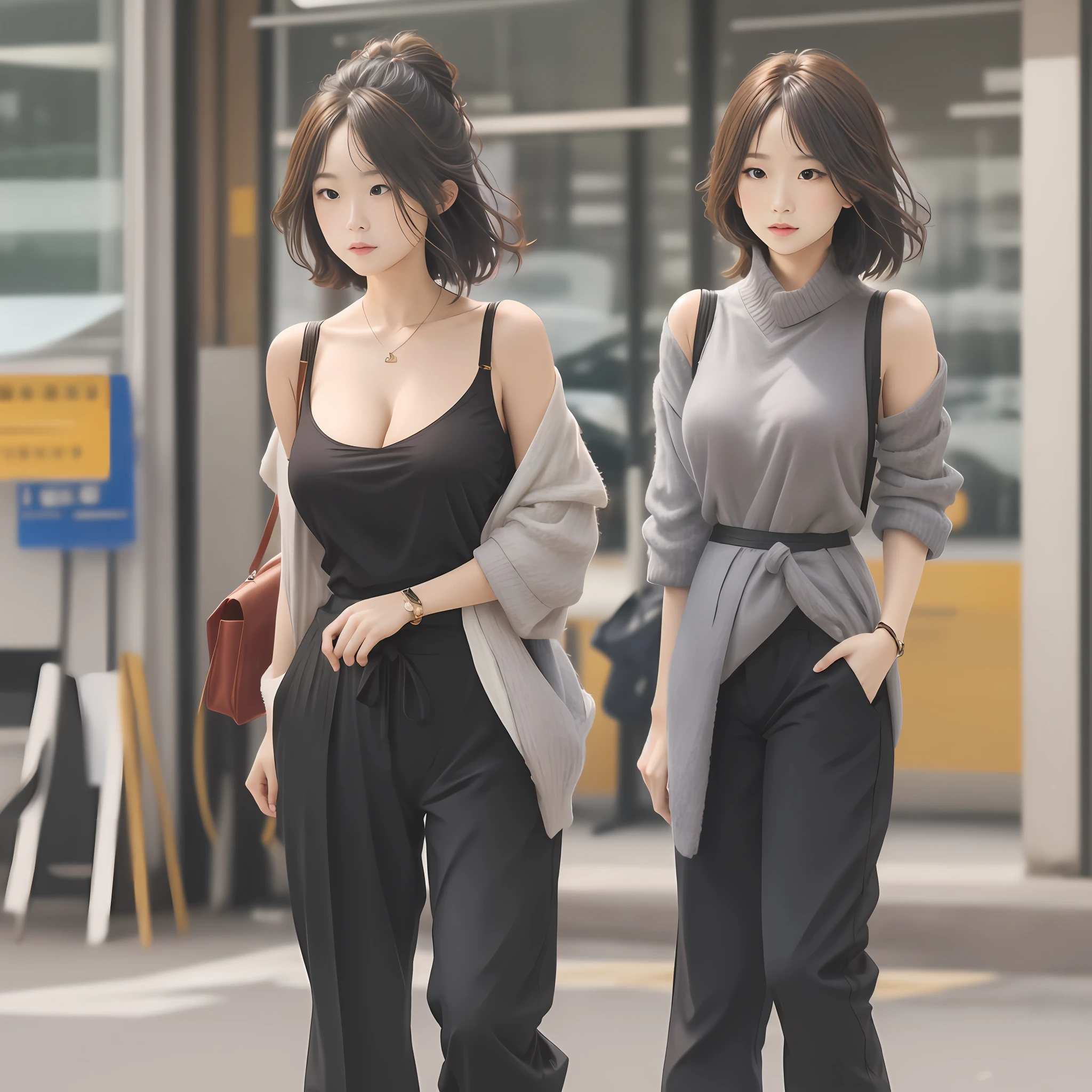 open waist,cleavage,shorter pants,sense of layers,cropped shoulders,