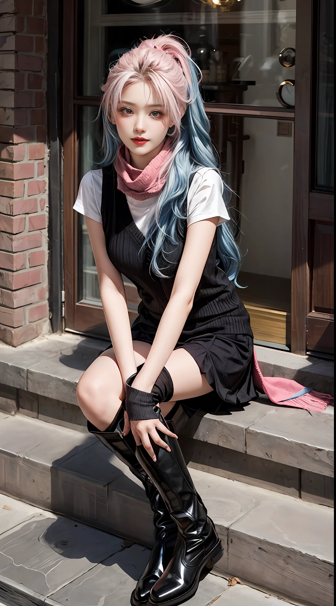 masterpiece, best quality,1 girl, solo, blue hair, long hair, red scarf, real, looking at camera, T-shirt, black vest, pink skirt, stockings, long boots,