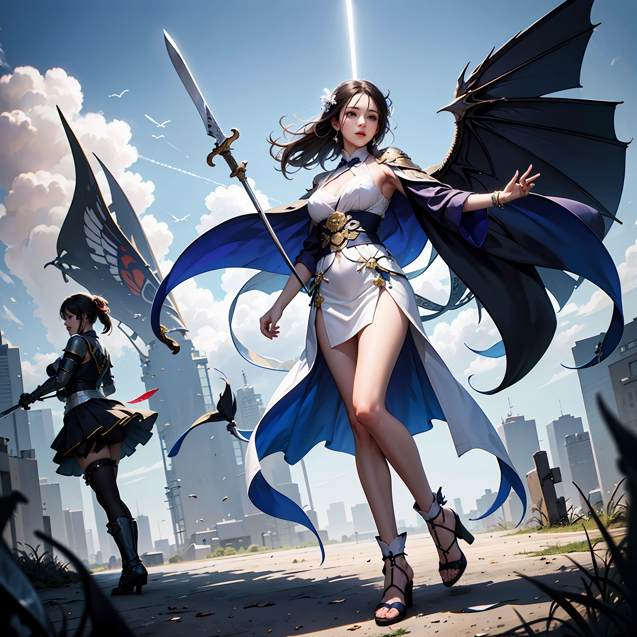 Fine art wallpapers，Han Dynasty city tower，High fidelity，hyper HD，(Fidelity：1.4)，Sable cicada，Holding a double knife，Battle screen，The details are outstanding，The most beautiful poster，Full body like，1girl，Delicate and beautiful face，Light gauze clothes，Silver armor，ancient battle field，dust kicked up，Light transmitted between thick clouds，Strong sense of layering。 --auto