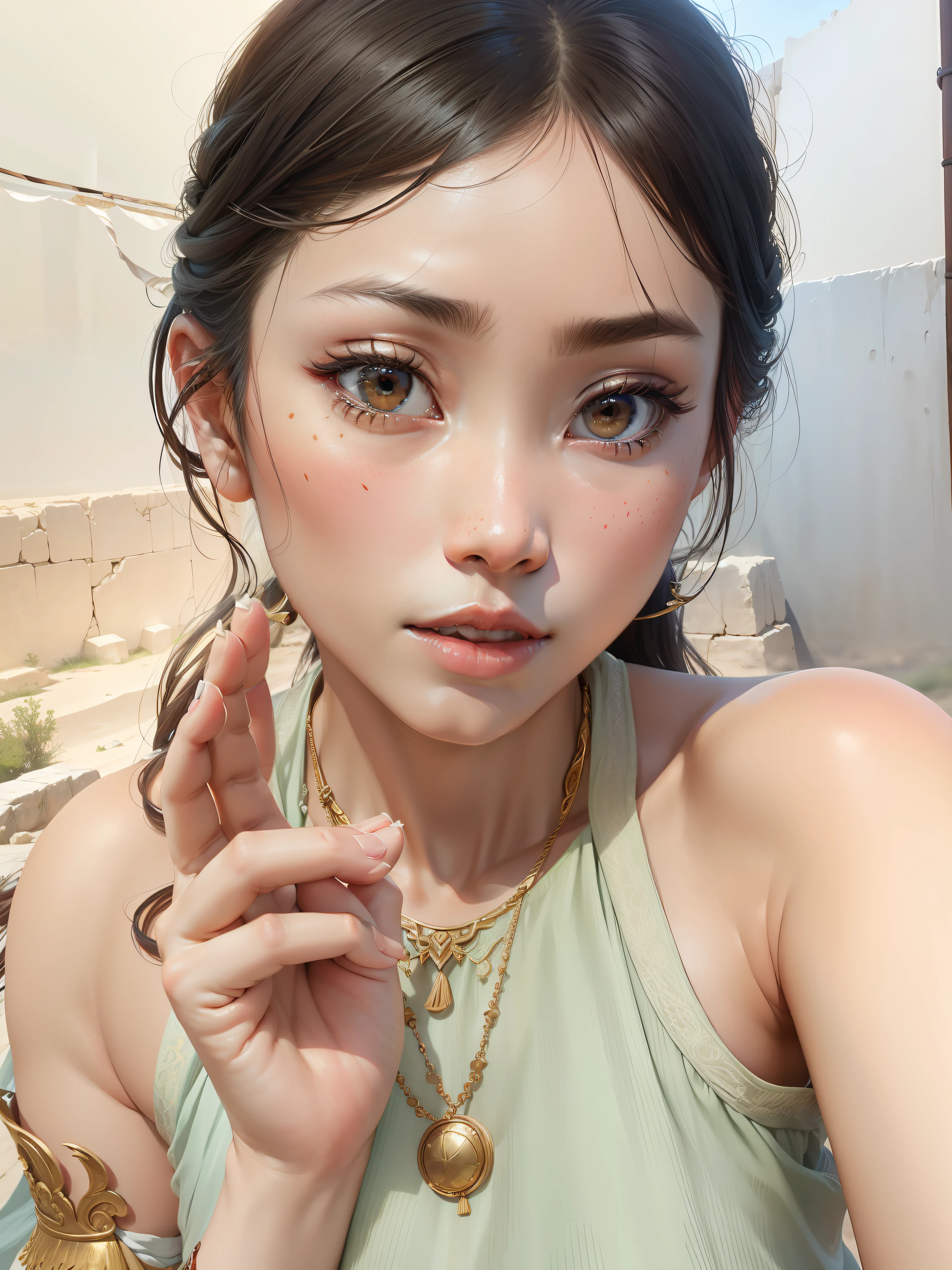 (8k, RAW photo, best quality, masterpiece:1.2), (realistic, photo-realistic:1.4), (extremely detailed CG unity 8k wallpaper), (1 girl:1.5), Western beauty, (Red clothes: 1.4), red spots on forehead, pale skin, blush, big eyes, full body, thighs, open navel, gold waist chain, gold jewelry, flying ribbons, particles, background is Loulan ancient city, ancient city wall, desert, dance, dunhuang_dress, dunhuang_style, --auto