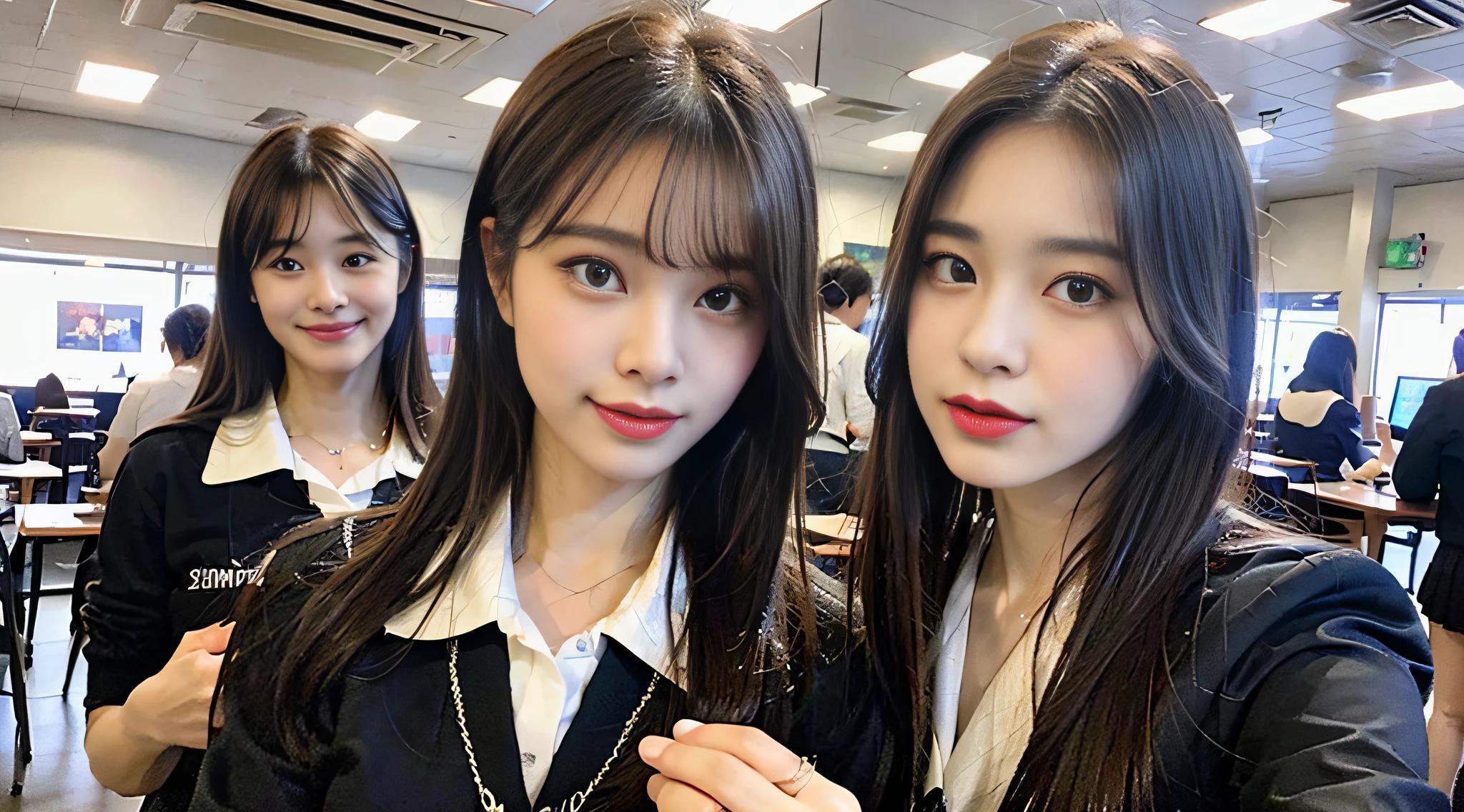 (8K、Raw photography、top-quality、​masterpiece:1.2)、ultra-detailliert、ultra res、(realisitic、Real Photographics:1.47)、（High school girl winking at camera）An Internet café full of heart、Wear branded sunglasses、（Fantastic lighting）Schoolgirl with a book、Holding a book in both hands、winking、head to waist、de pele branca、Fair-skinned female proofreading、Blur the background、Holding a book in both hands、Beautiful female proofreading reflecting in light、looking downwards、amazing detailed、Beautiful girls in very detailed、Faces with different patterns、Different face patterns、Each hairstyle has its own characteristics、Farbe々Hairstyle、Farbe々Hair color shining with clean light、Brown hair shining in the light、One has a ponytail、、Modern cute high school girl、very detailed faces very detailed eyes、Very realistic skin、 extremely detailed fingers, highly detailed nose, highly detail mouth, perfect anatomia, Highly detailed sailor suit、、The details of their hair and uniforms shine through、、Realistic body, de pele branca, glistning skin, Slim body,  Long straight hair, (Blunt bangs:1.2), , nixeu and sakimichan, TWICE, Seifuku, sakimichan, JK Uniform, wearing japanese school uniform, promo still, Larisa Manobal, Japan school uniform, japanese girl school uniform, alena aenami and lilia alvarado