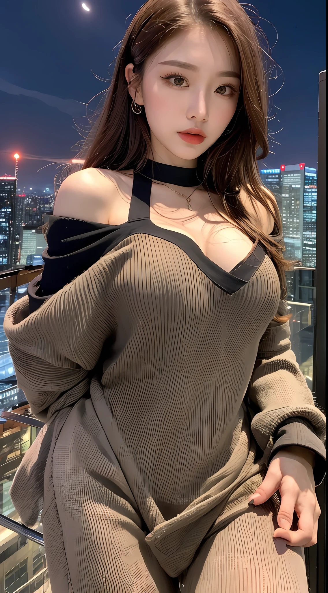 ((Midnight, Best quality, 8k, Masterpiece :1.3)), Whole body, Long legs, Sharp focus :1.2, A pretty woman with perfect figure :1.4, Slender abs :1.1, ((Dark brown hair, Big breasts :1.2)), (White tight tshirt, Jean bib, Standing:1.2), ((Night city view, Rooftop:1.3)), Highly detailed face and skin texture, Detailed eyes, Double eyelid, sunset, darken, backlit, off shoulder