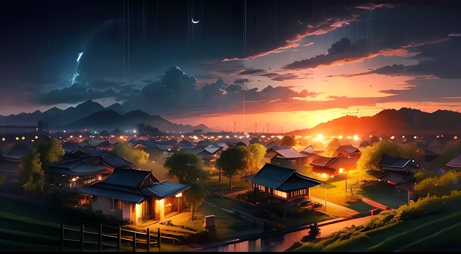 Sunset in typhoon weather,Skysky,evening light,style of anime,Only the best quality view,movie light effect