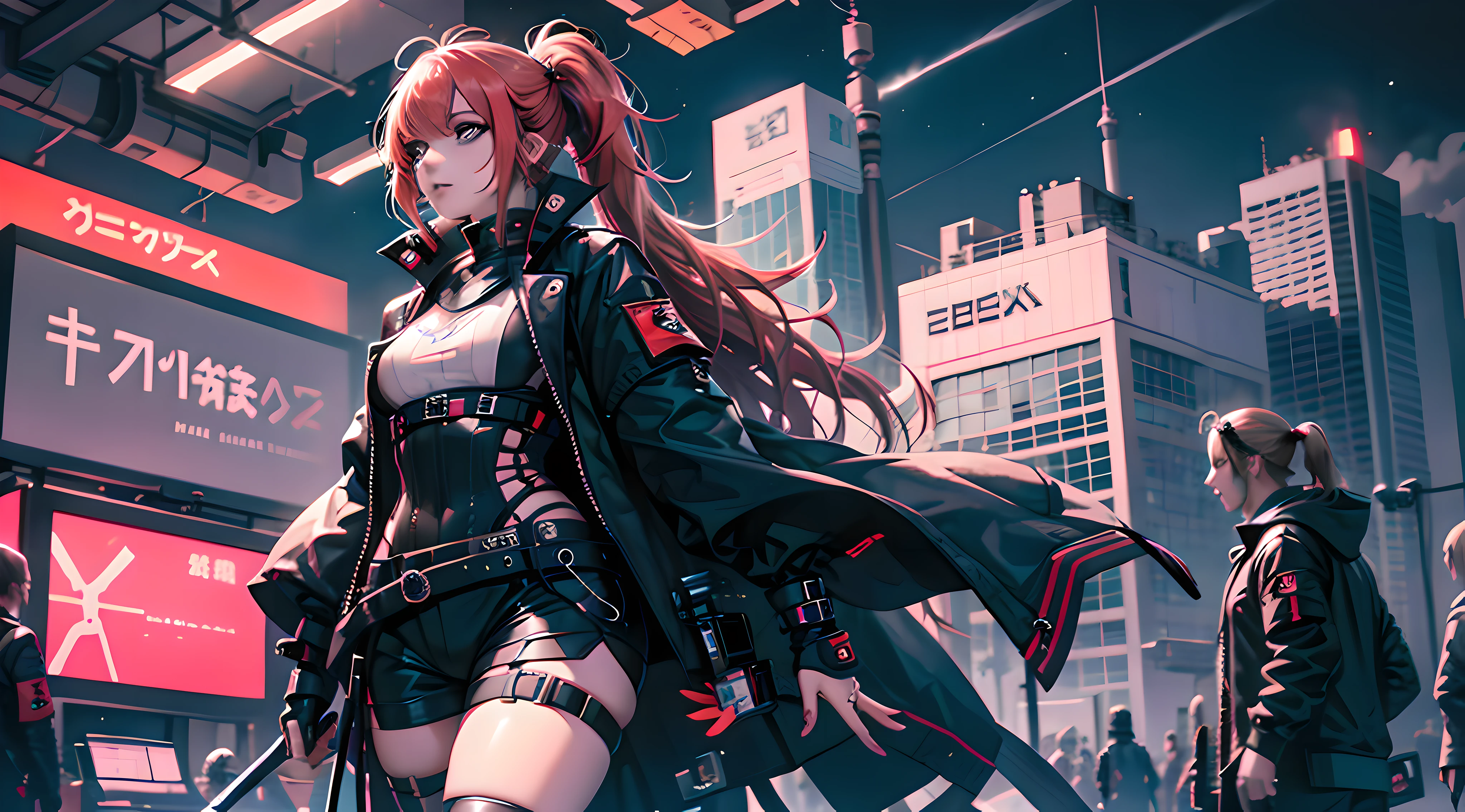 High ponytailed girl,cyber punk perssonage,locomotive ,the night