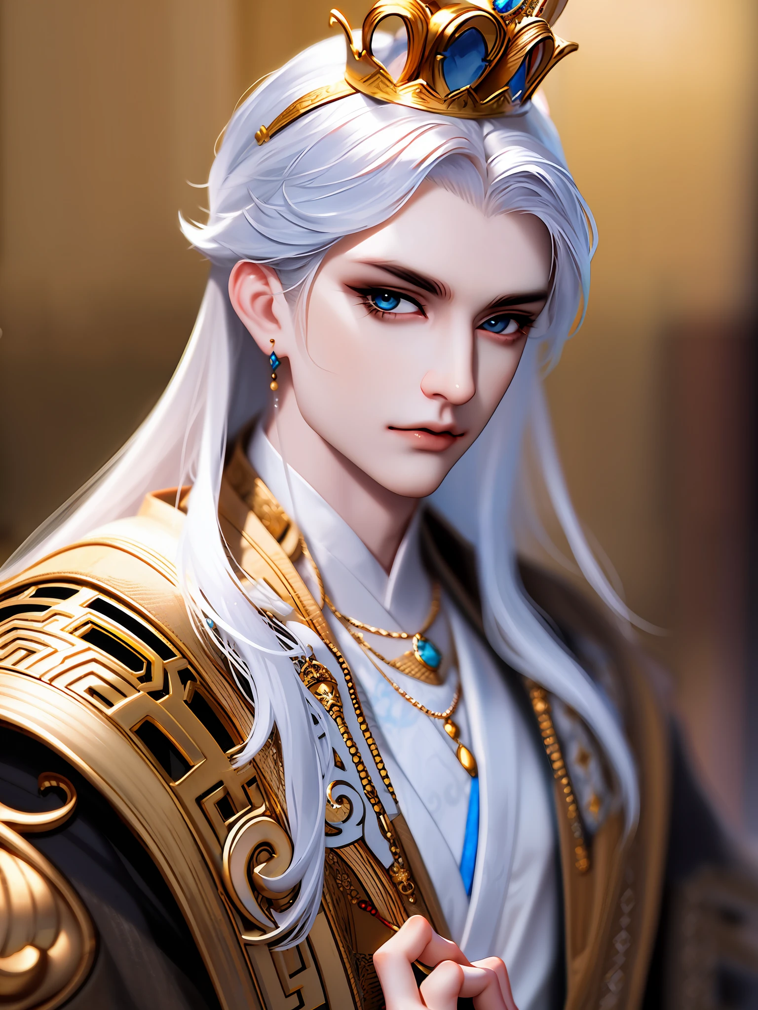 Best quality, masterpiece, highly detailed wallpaper, long hair, blue eyes, holding, blurry, long sleeves, blurry background, solo, 1boy, jewelry, white hair, chinese clothes, male focus, looking at viewer, crown, robe, hair ornament, closed mouth