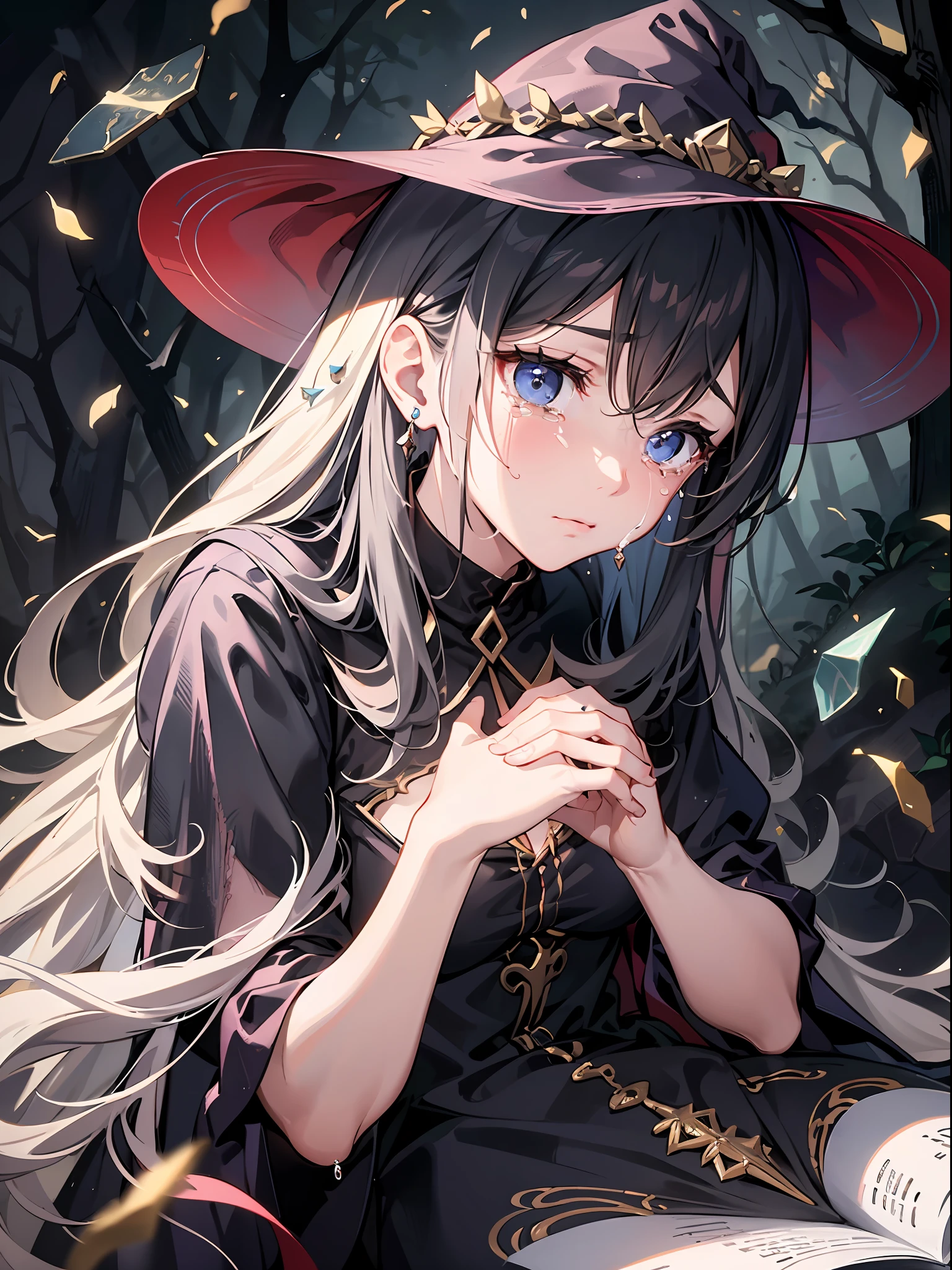 ,masterpiece, best quality,8k, ultra highres,In the depths of the Enchanted Forest,A mysterious and dark environment,A beautiful witch sits alone on a stone,She held a damaged magic book in her hand。Her long hair was scattered,Tears fell on his face,Her gaze reveals disappointment and endless sadness about love。