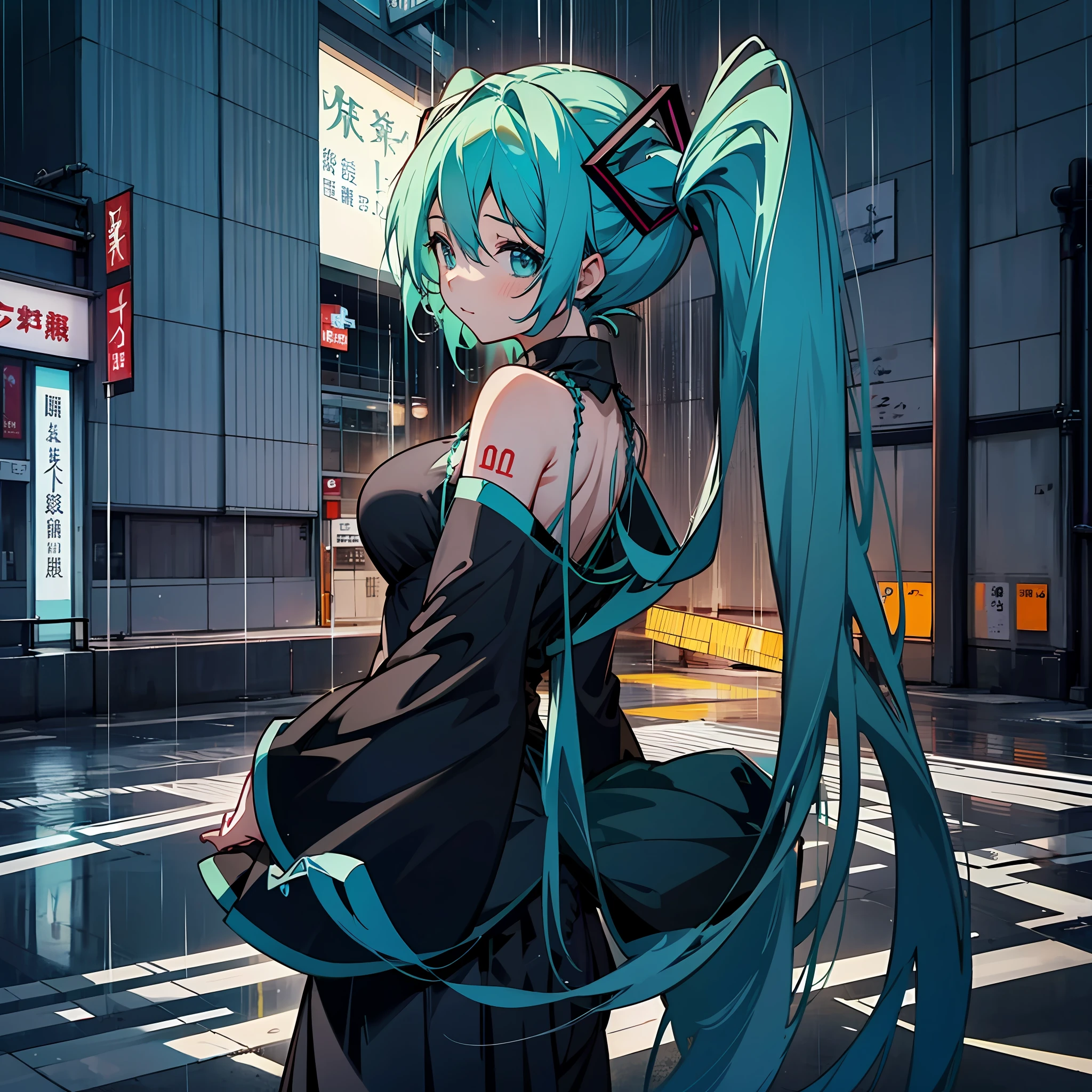 Big breasts Hatsune Miku，Double tail，Green hair，bare shoulders​，a black skirt，black sleeve，Separate the sleeves，Cyan shirt，hair adornments，SENSE OF CINEMA，very heavy rain，fog atmosphere，超高分辨率，the night，Big breasts Hatsune Miku，Big breasts Hatsune Miku，tokyo city