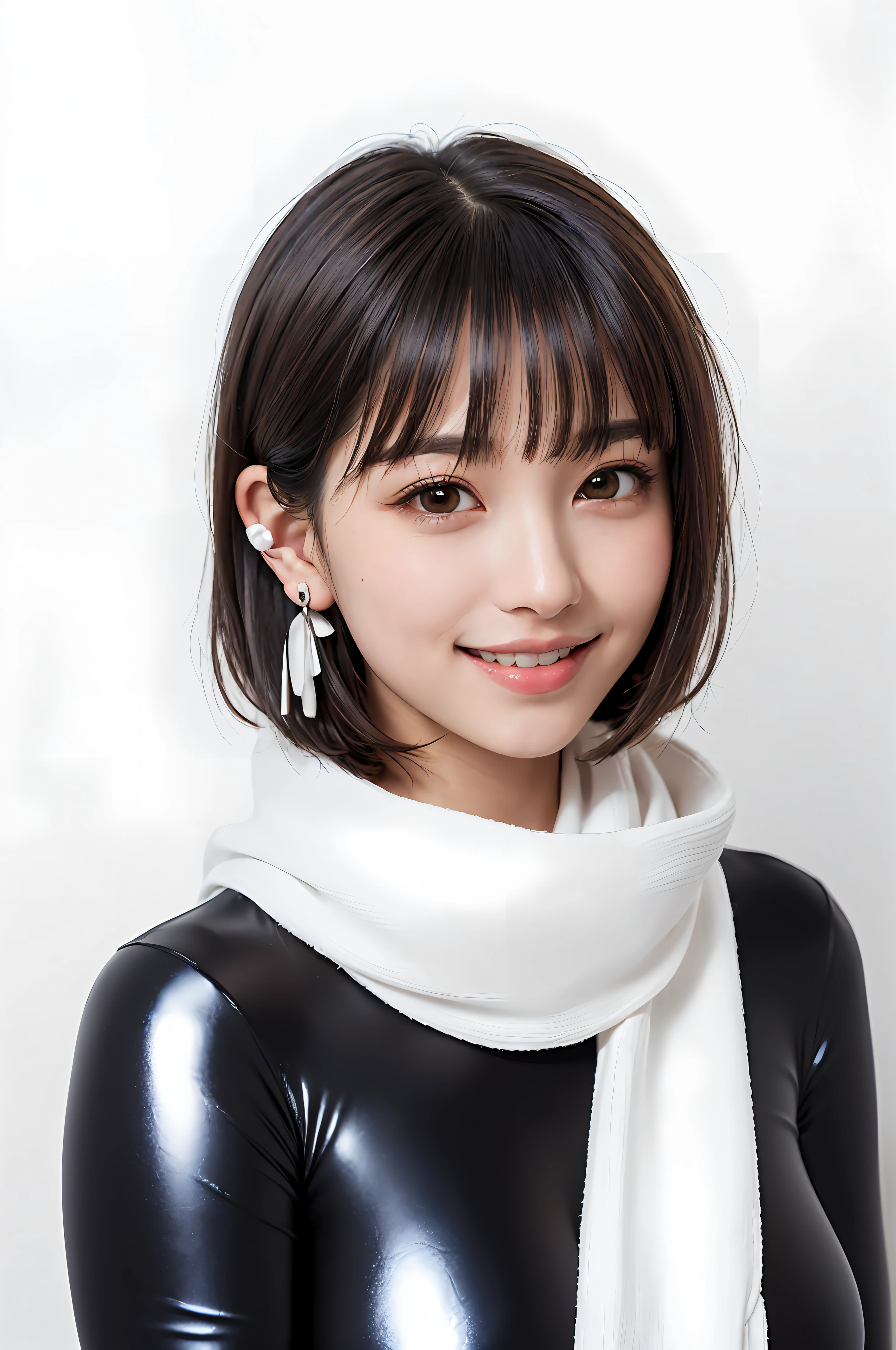 (masterpiece, best quality),1 girl, solo, black hair, scarf, hat, real, real, look at viewer, black eyes, short hair, coat, winter clothes, white scarf, lips, bangs, outdoors, closed mouth, upper body, big eyes, eyelashes ((really nothing background, really pure white background)), ((short hair with bangs, staring at the viewer, cute beauty, beautiful beauty, ears out, long neck, Happy smile, smile with mouth closed))), masterpiece, highest quality, ultra high resolution, (photorealistic photo: 1.4), ((1 girl, white fair skin: 1.4, kneeling, from above, looking up at the viewer, face close-up, 19 years old, pretty, cute, black hair, bob_cut, short hair with bangs, big breasts: 1.6)) (bikini swimsuit: 1.3, simple blue and white two-tone swimsuit, Glossy shiny shiny swimsuit, shiny swimsuit with reflective surfaces, dripping wet body: 1.2) (portrait of a famous actress of Japan), (smile, happy, joyful, cheerful, close mouth), (breasts tucked between arms with breasts), high detailed eyes, ((((really pure white background, nothing background)))), long neck, (short hair with bangs)))), eyelashes, big eyes, (((very beautiful, very beautiful) ), (((natural light, put out your ears)))