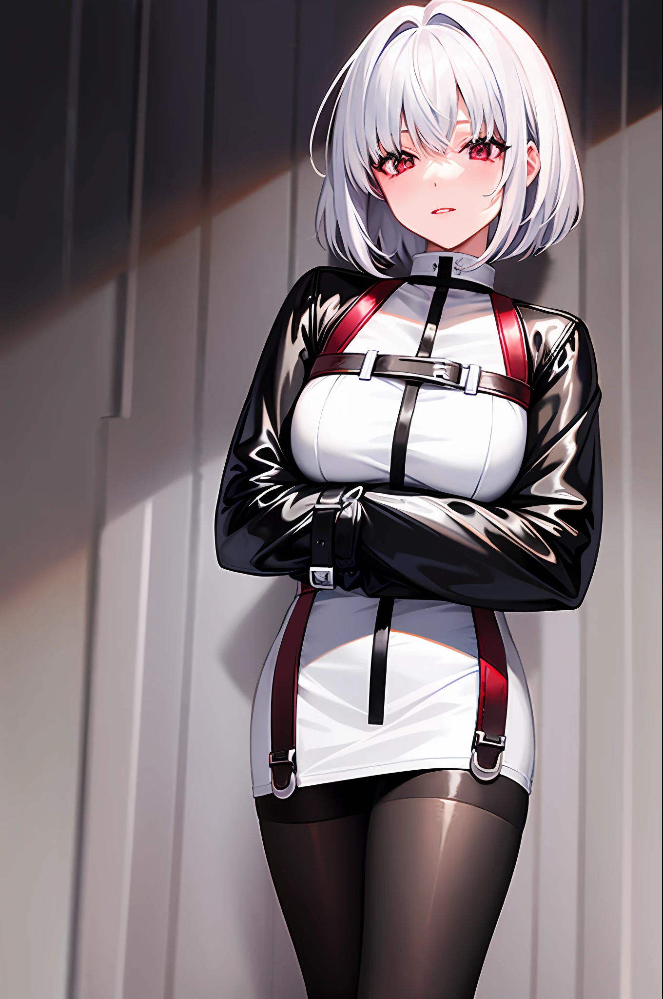 A detailed，short detailed hair，Silvery-white hair，red pupils，The upper body is a red and white uniform，The lower body is an ultra-short white skirt，Black stockings，Small black leather shoes，Very cute beautiful girl，tmasterpiece，8K，best qualtiy