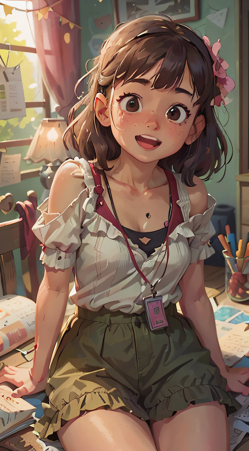girl, crass room, Summer, Perfect quality, Clear focus (clutter - home: 0.8), (masutepiece: 1.2) (Realistic: 1.2) (Bokeh) (Best Quality) (Detailed skin: 1.3) (Intricate details) (8K) (Detail Eyes) (Sharp Focus), (Happy)