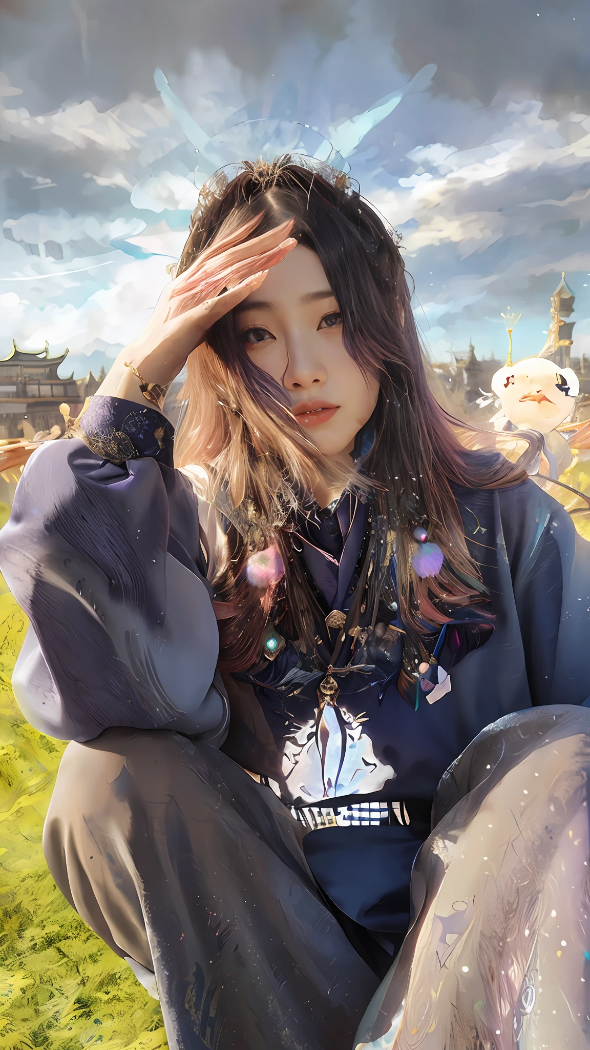 (Masterpiece, Top Quality, Best Quality, Extreme Detail, Supreme Detail, Official Art, Beauty and Aesthetics: 1.2), Colorful, Upper Body Shot, Beautiful Face, Solo, Perfect Body, (Flying on Sky Clouds: 1.6), Fairy, Flowing Streamers, Sun Rays, Clouds, Full Body, Hanfu, Chinese Clothes, White Dress, Water, Fireflies, Night, Starry Sky, Jewelry, Feathers on Dresses, Peacock Feathers, Light Particles, Volume Lighting, ray tracing (flowing streamers: 1.1), (fantasy novels: 1.2), illuminators, stars, fantasy, high contrast, ink strokes, overexposure, purple and red tone impressions, abstract, (watercolors by John Berkey and Jeremiman)) brush strokes,