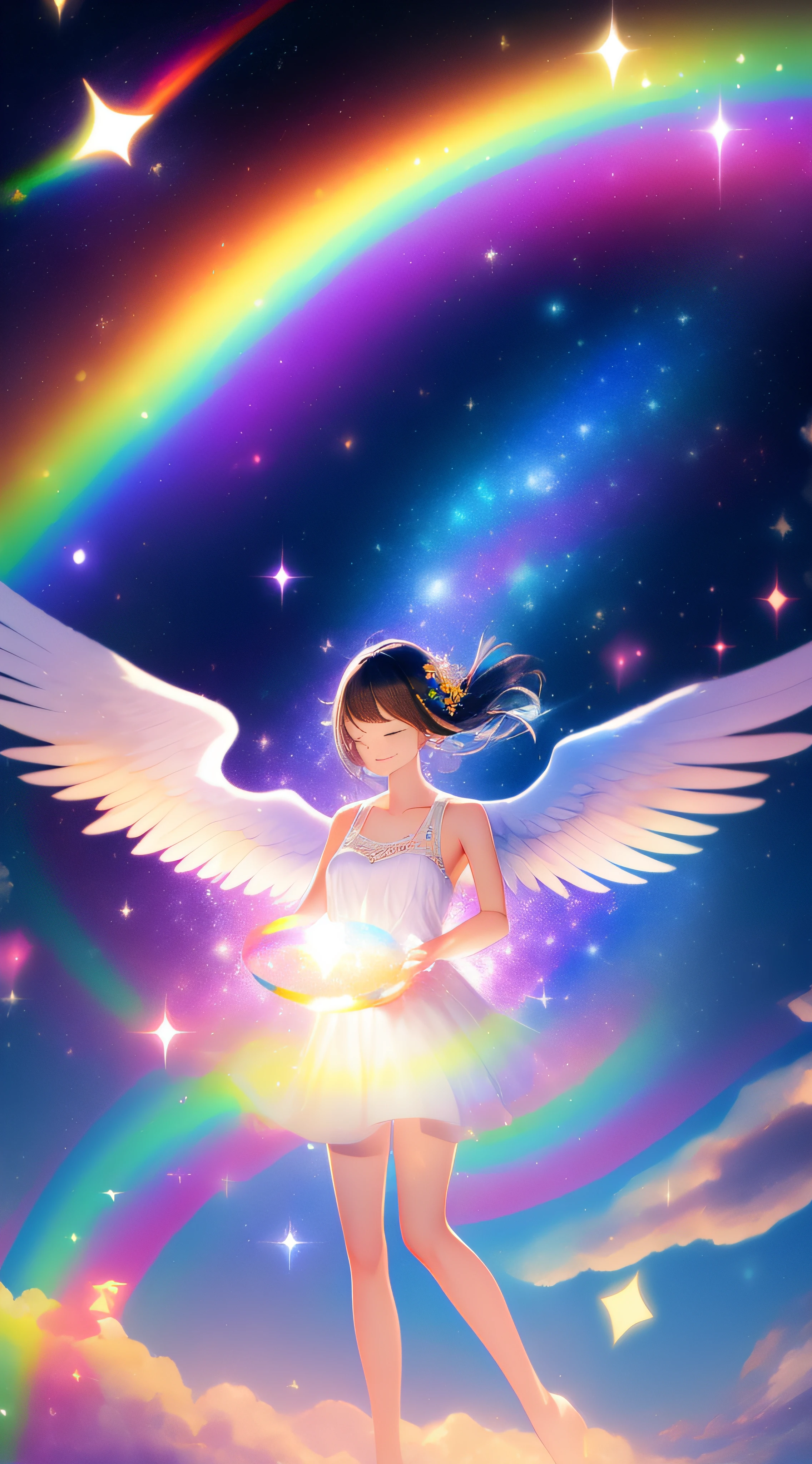 angelicales、Goddess smile、Floating in a rainbow galaxy、A meditative、Calm、serene、optic、Surrounded by light、blessings、Blissful Light