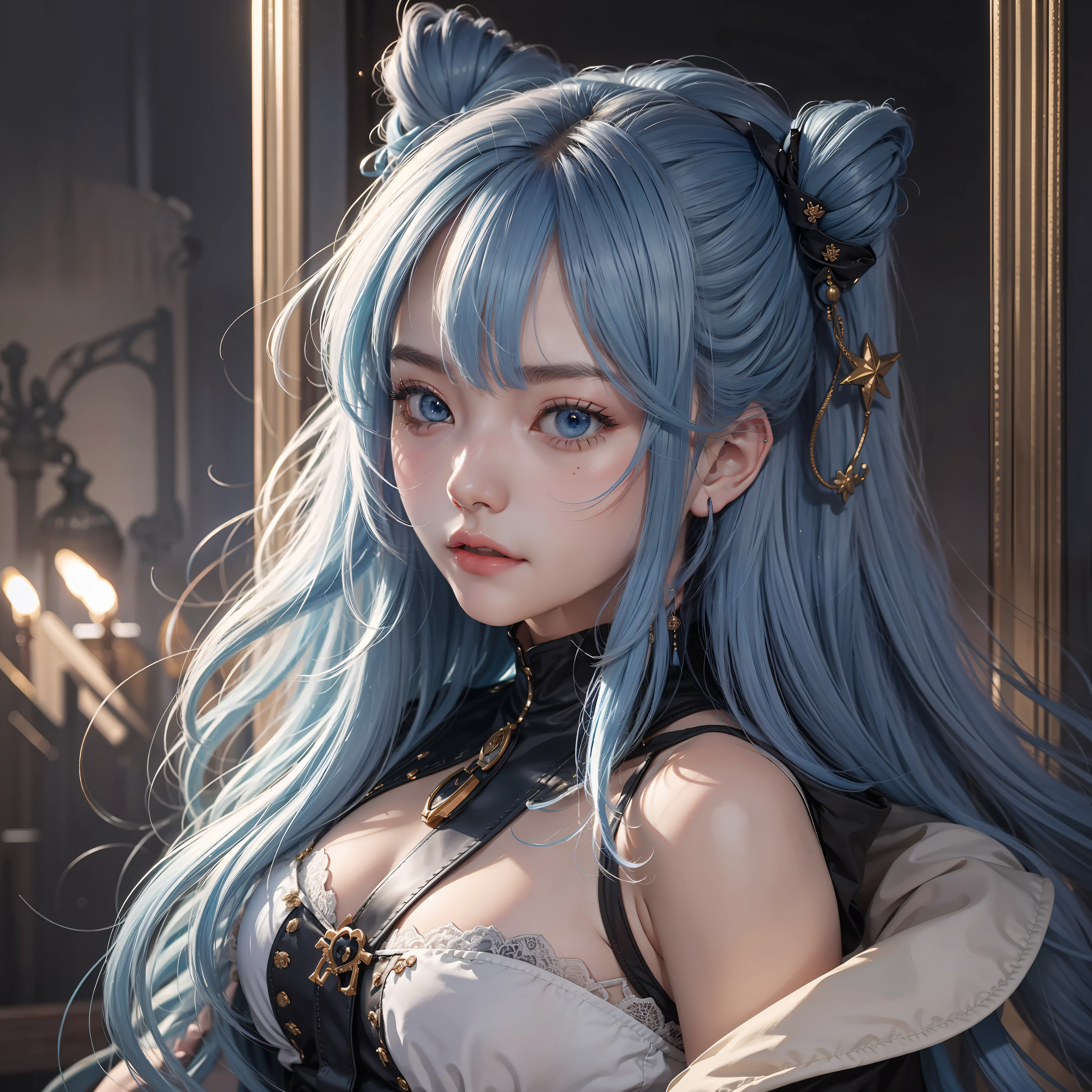 Best quality at best,超高分辨率,(真实感:1.4),1girl,tmasterpiece,exteriors,full bodyesbian,whaite hair,Manteau blanc,Long hair,blue color eyes