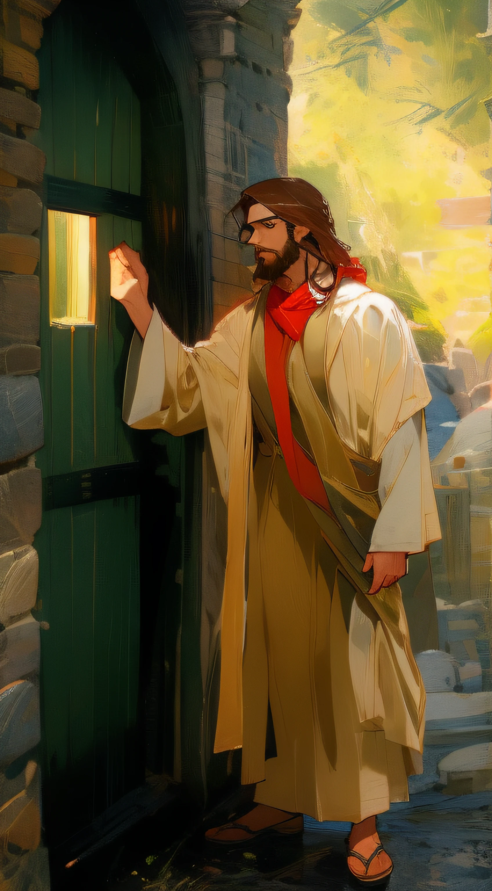 A man with short hair and a beard，Wearing a white robe and a red shawl，Jesus