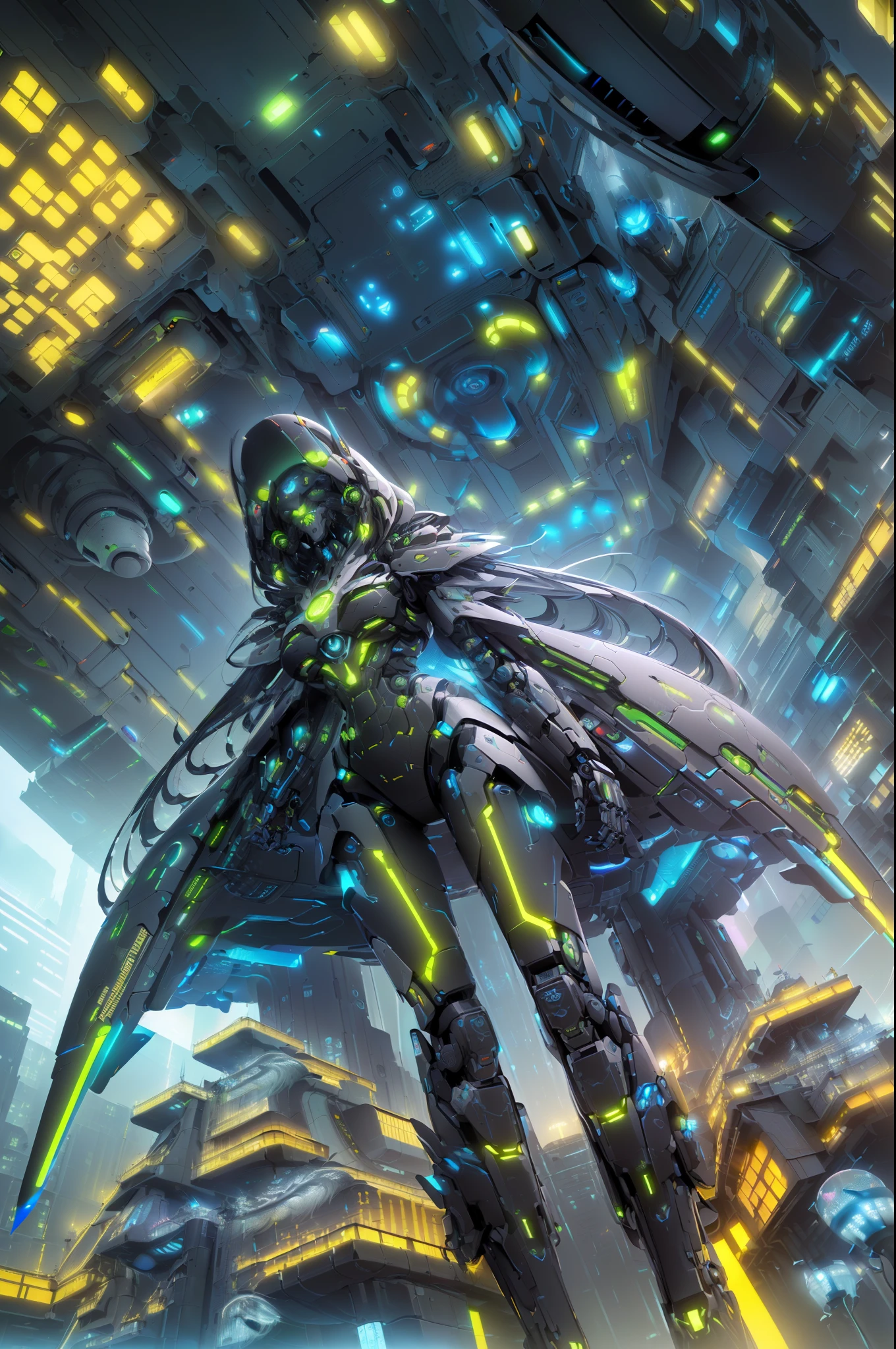 ((High-quality colors:1.1)，(Futuristic beauty+A sense of future technology:1.8)，Black and gold matching+2 meter long knife:1.2，Magnificent，Future city between high-rises，Intimidating，The mechanical body details are beyond imagination，And it sparkles under the light，Humanoid challenges your perception。)