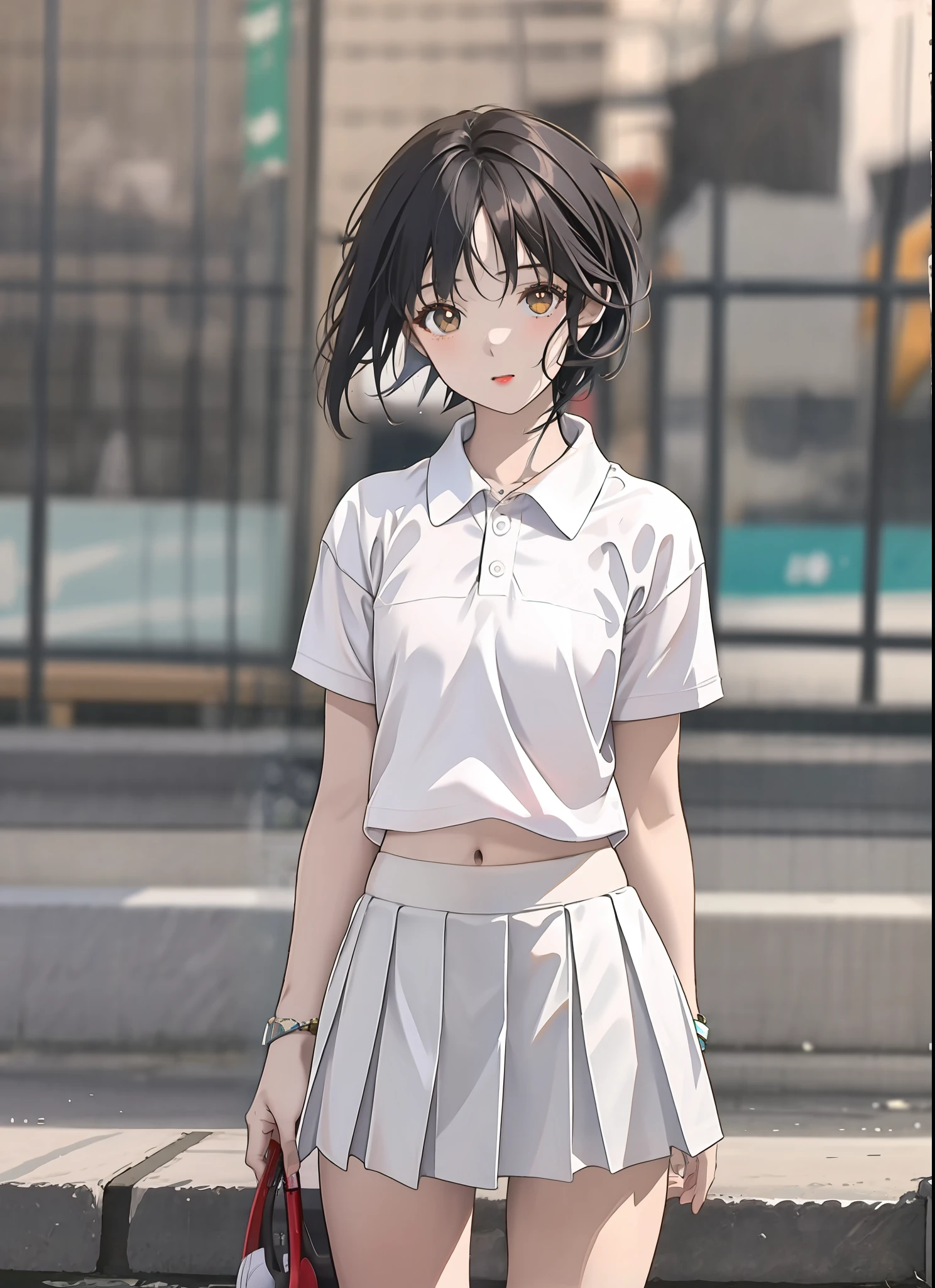1girl, solo, white polo shirt, white sneakers, tennis wear, white mini skirt, masterpiece, best quality, realistic, super detailed, ridiculous, looking at the audience, short black hair, brown eyes, slender, dynamic light and shadow, high resolution, sharp focus, depth of field, fine eyes, sharp pupils, realistic pupils, (small chest: 1.6), (thigh thickness: 1.0), outdoor, sky